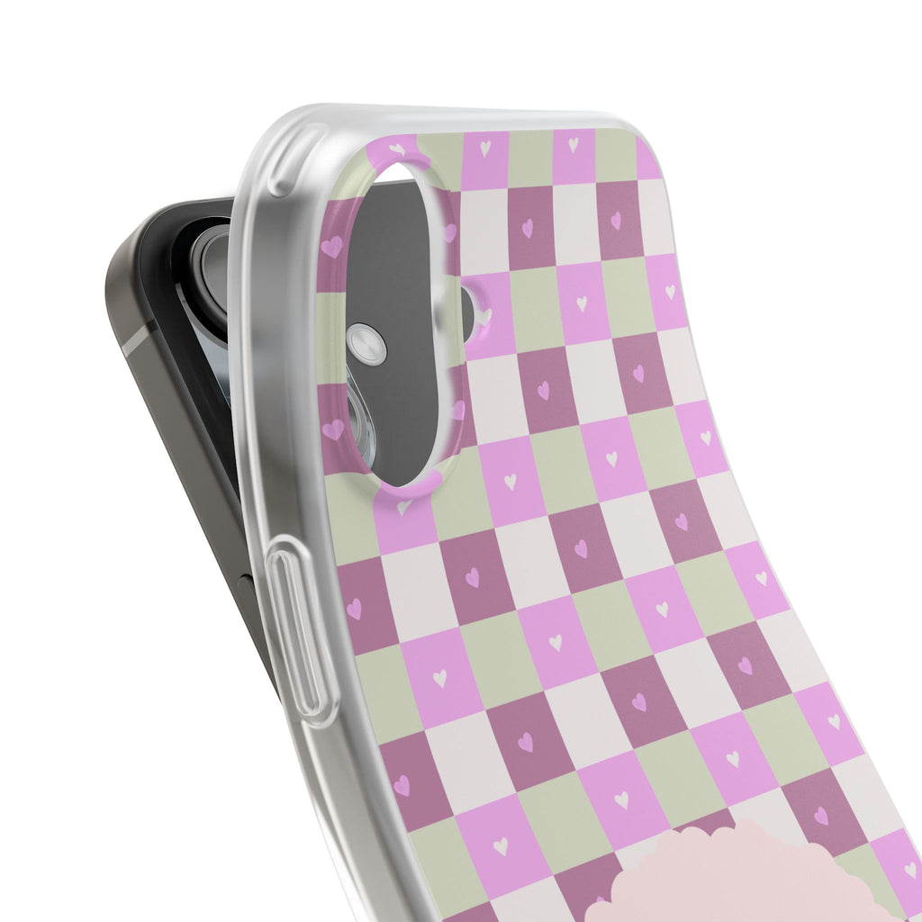 Cute Pastel Sammy the Sheep Phone Case – Pink Checkered Flexi Case