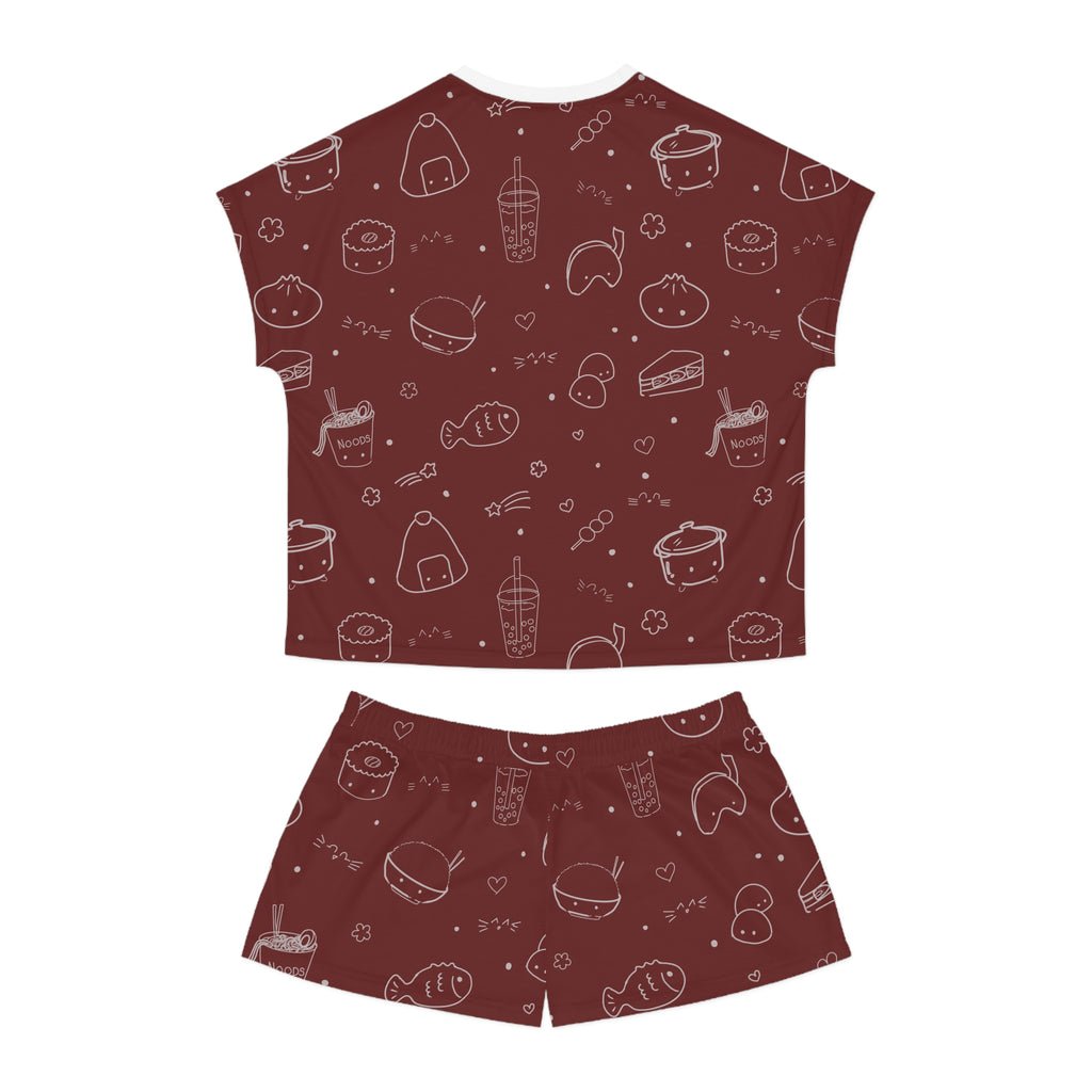 Maroon Kawaii Asian Snacks Pattern Women's Short Pajama Set