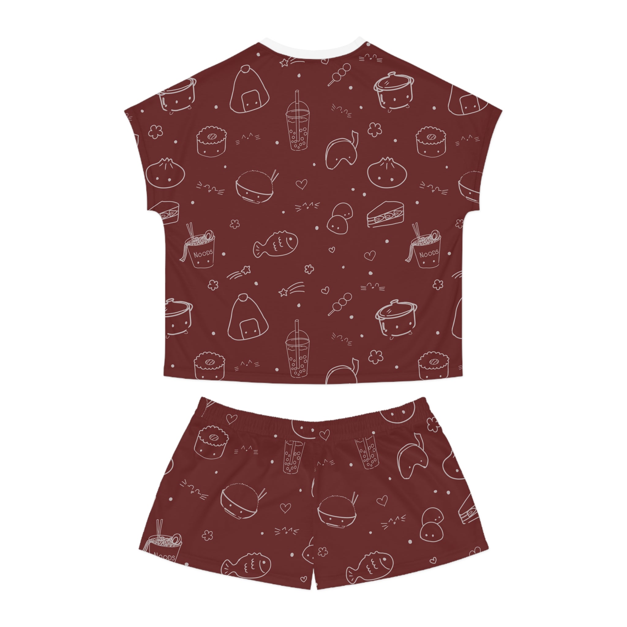 Maroon Kawaii Asian Snacks Pattern Women's Short Pajama Set
