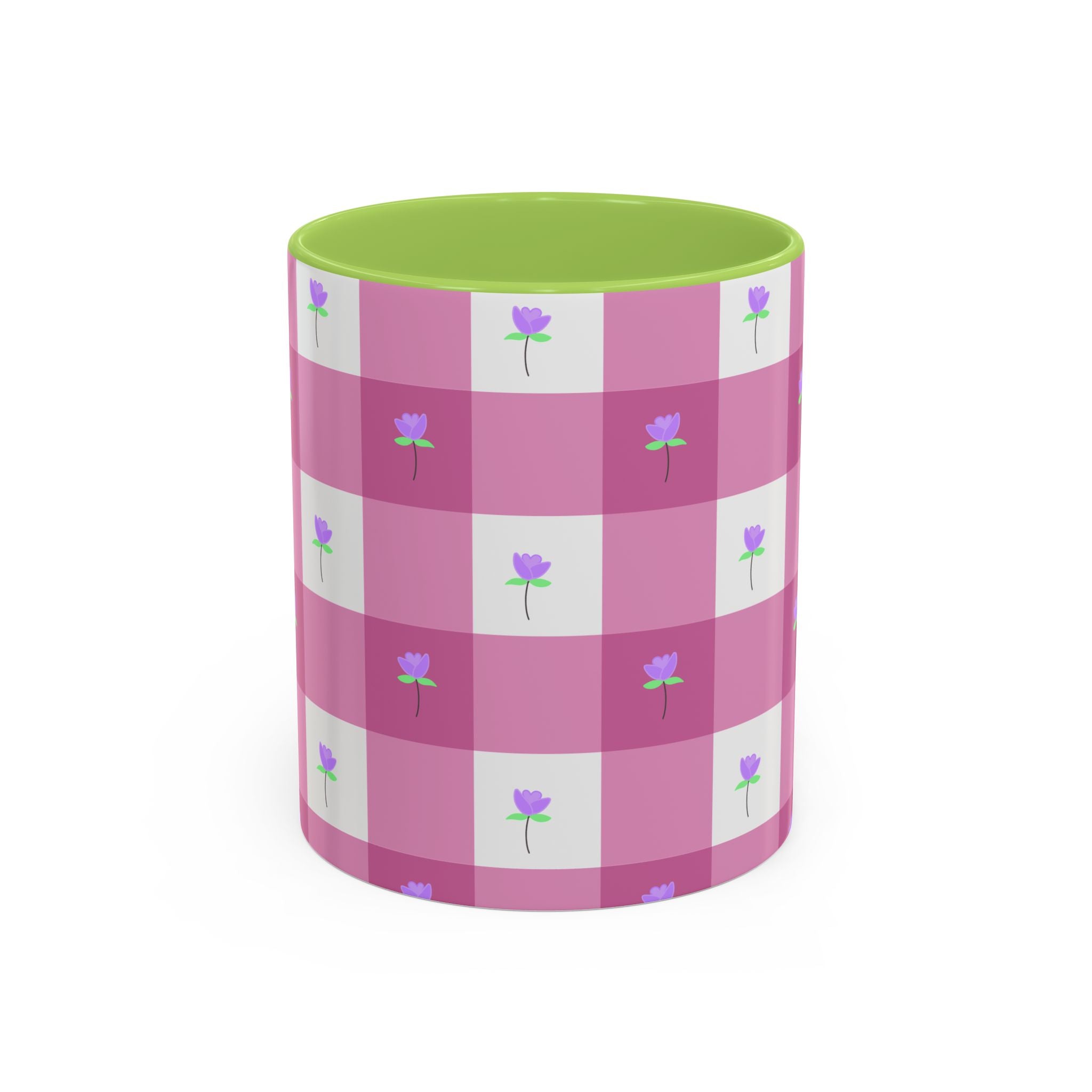 Pink Gingham Tulip Heart Floral Accent Coffee Mug – Cute Purple Rose Pattern (11/15 oz)
