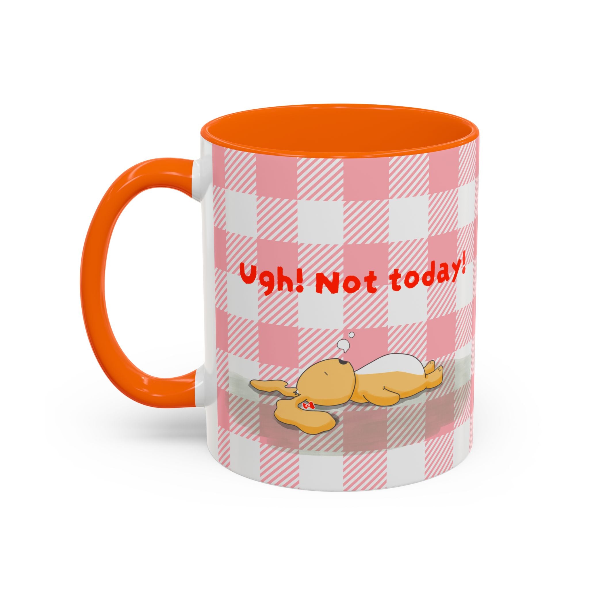 Coffee Mug — "Ugh! Not Today" Cute Lazy Bonnie Pink Check Plaid Accent Mug (11/15oz)