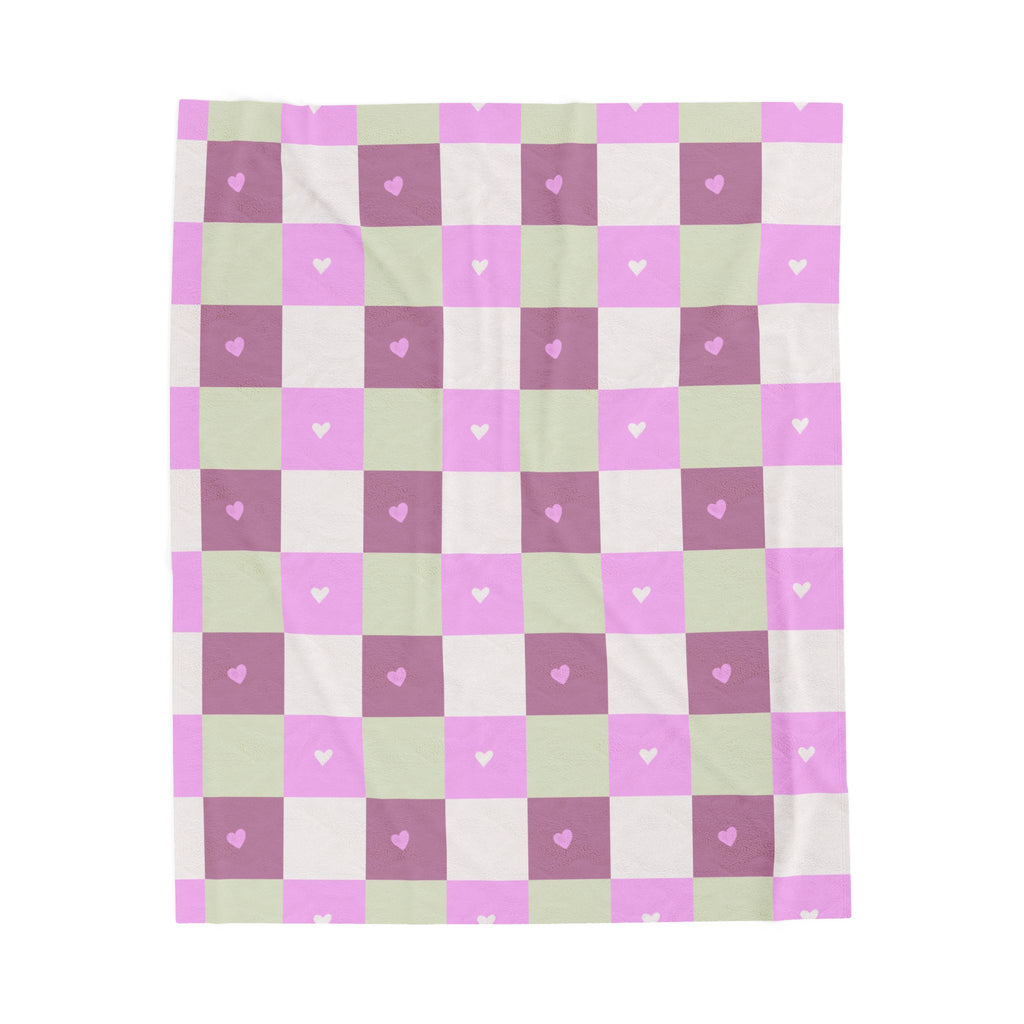 Checker Heart Velveteen Plush Blanket — Pink & Pastel Cozy Throw