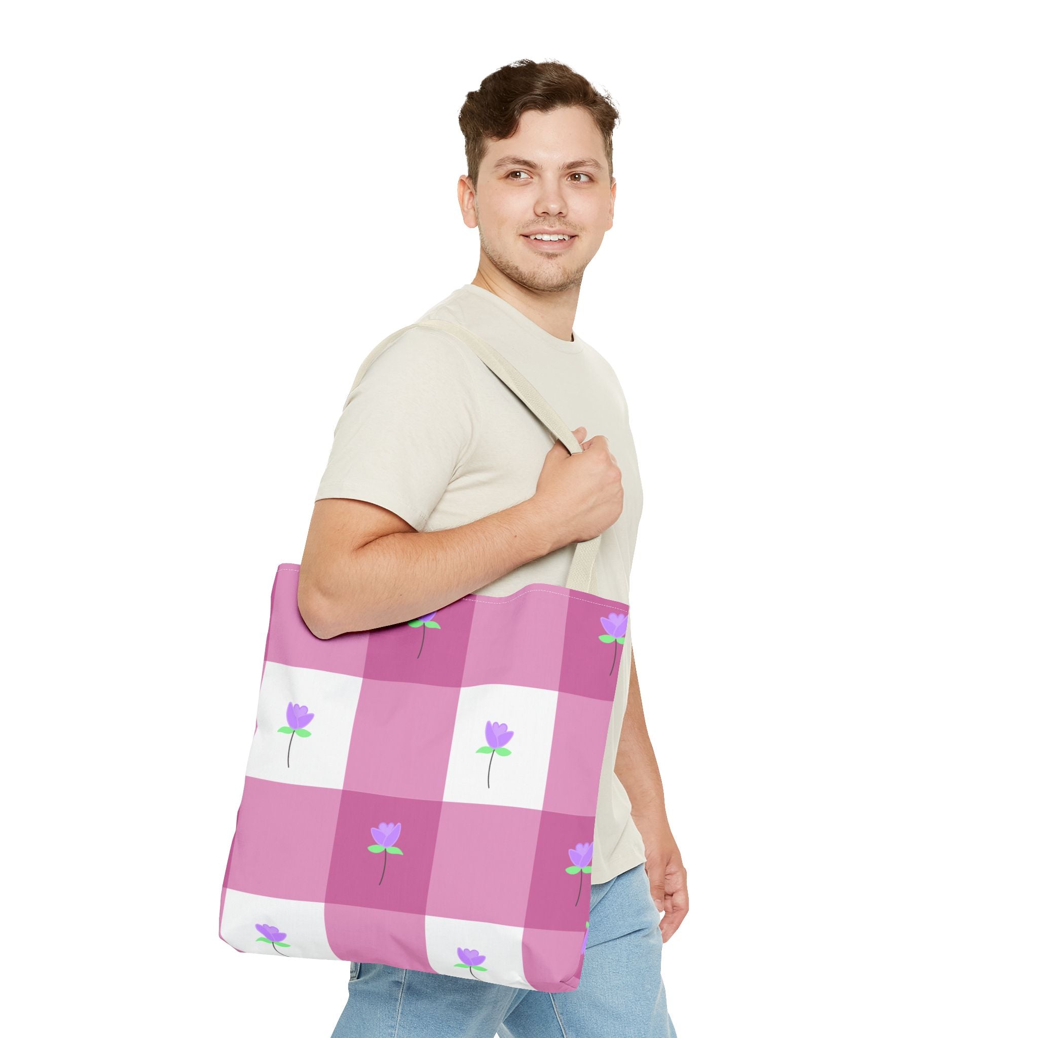Pink Gingham Tulip Floral Tote Bag — Cute Checkered All-Over Print Tote