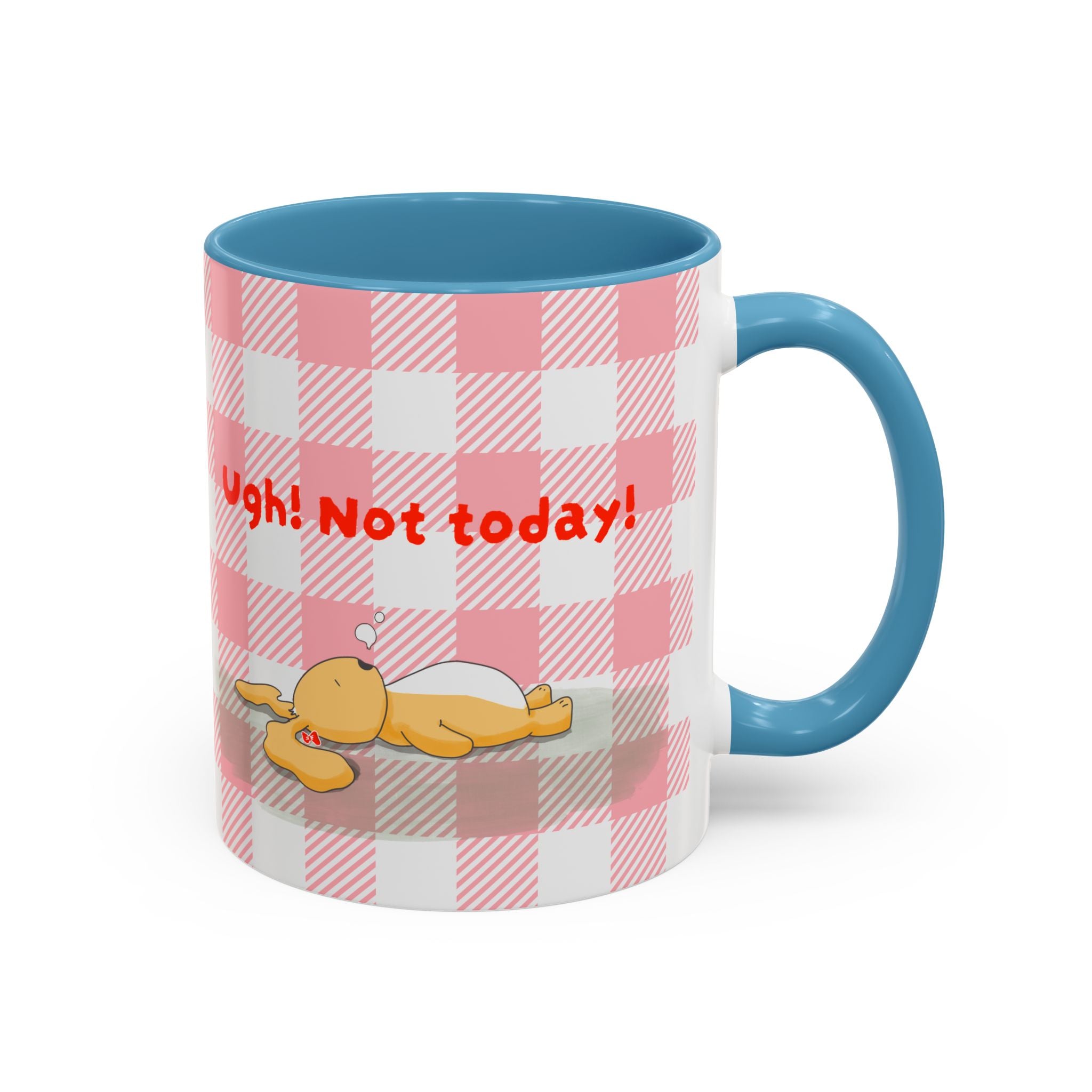 Coffee Mug — "Ugh! Not Today" Cute Lazy Bonnie Pink Check Plaid Accent Mug (11/15oz)