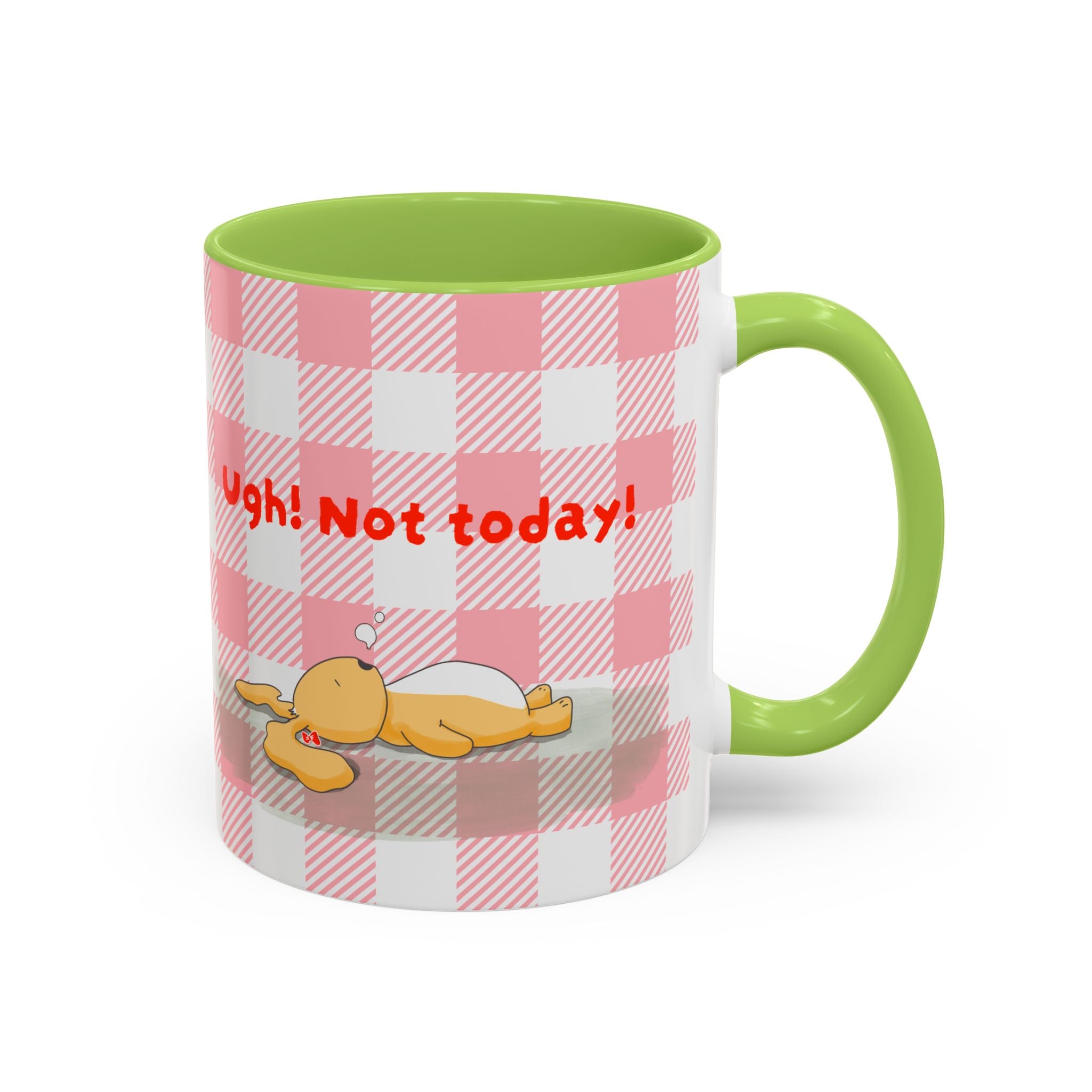 Coffee Mug — "Ugh! Not Today" Cute Lazy Bonnie Pink Check Plaid Accent Mug (11/15oz)