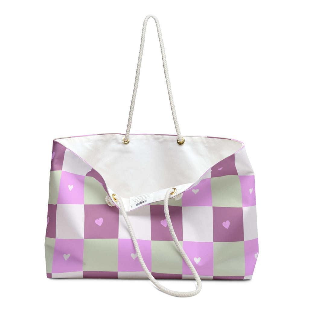 Pastel Heart Check Weekender Bag — Pink & Mint Travel Tote