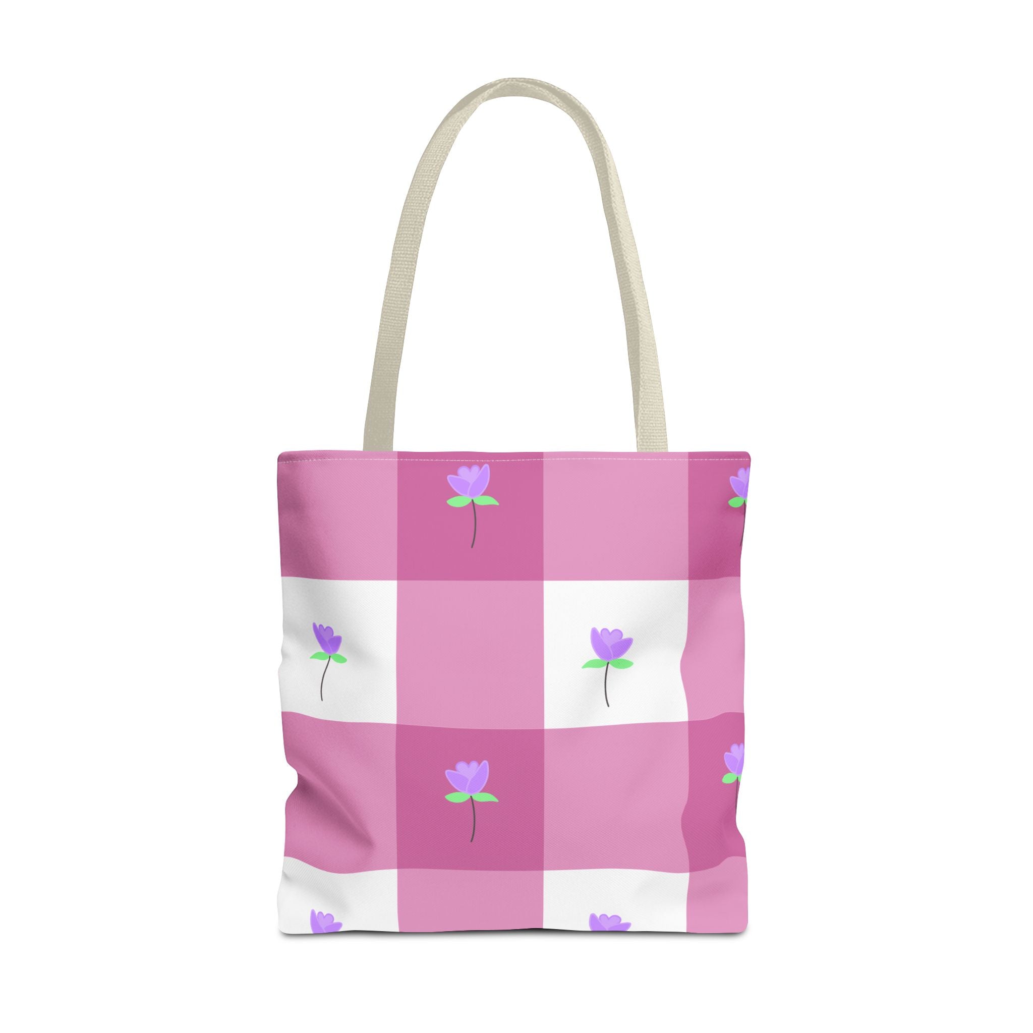 Pink Gingham Tulip Floral Tote Bag — Cute Checkered All-Over Print Tote