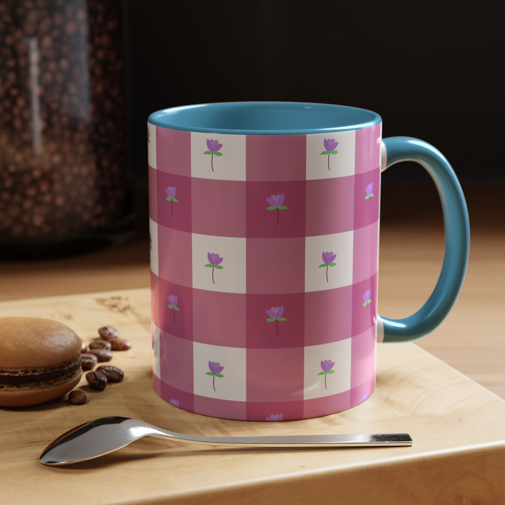 Pink Gingham Tulip Heart Floral Accent Coffee Mug – Cute Purple Rose Pattern (11/15 oz)