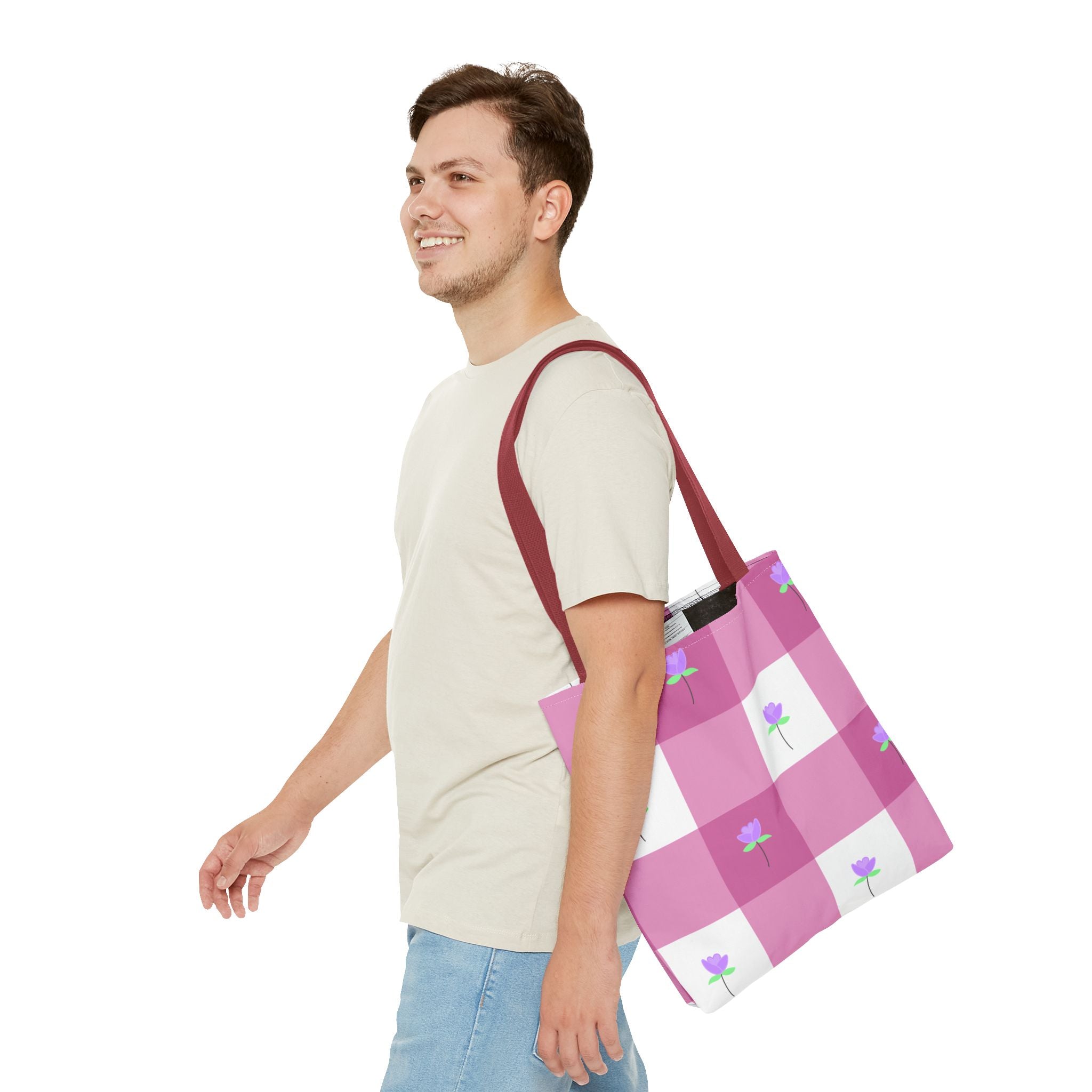 Pink Gingham Tulip Floral Tote Bag — Cute Checkered All-Over Print Tote