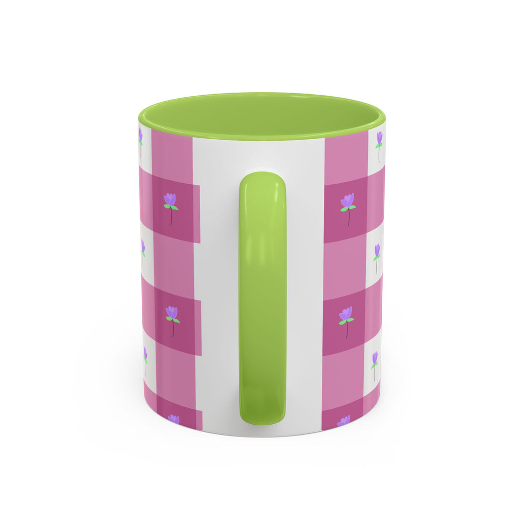 Pink Gingham Tulip Heart Floral Accent Coffee Mug – Cute Purple Rose Pattern (11/15 oz)
