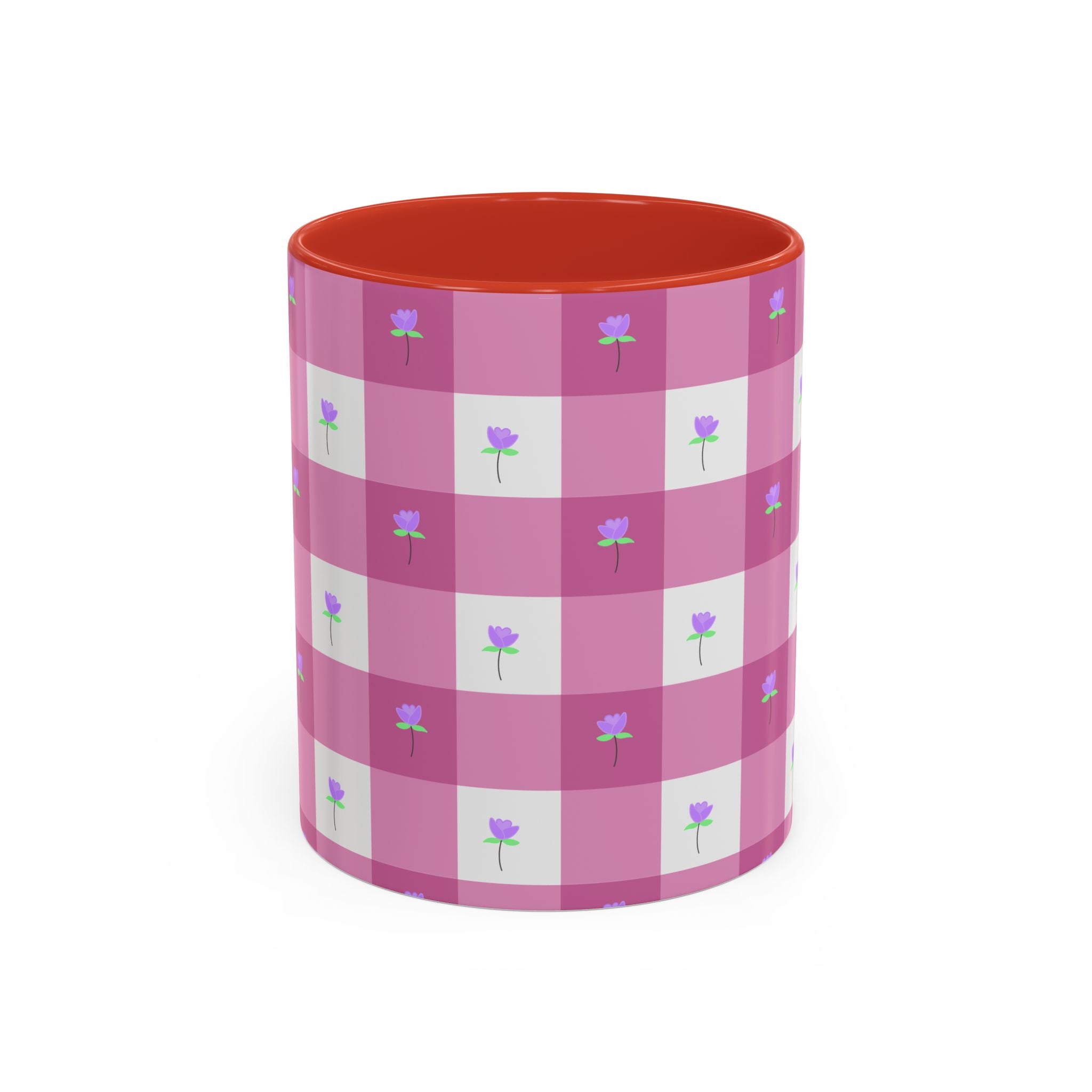 Pink Gingham Floral Tulip Accent Coffee Mug — Cute Purple Rose Pattern (11/15oz)