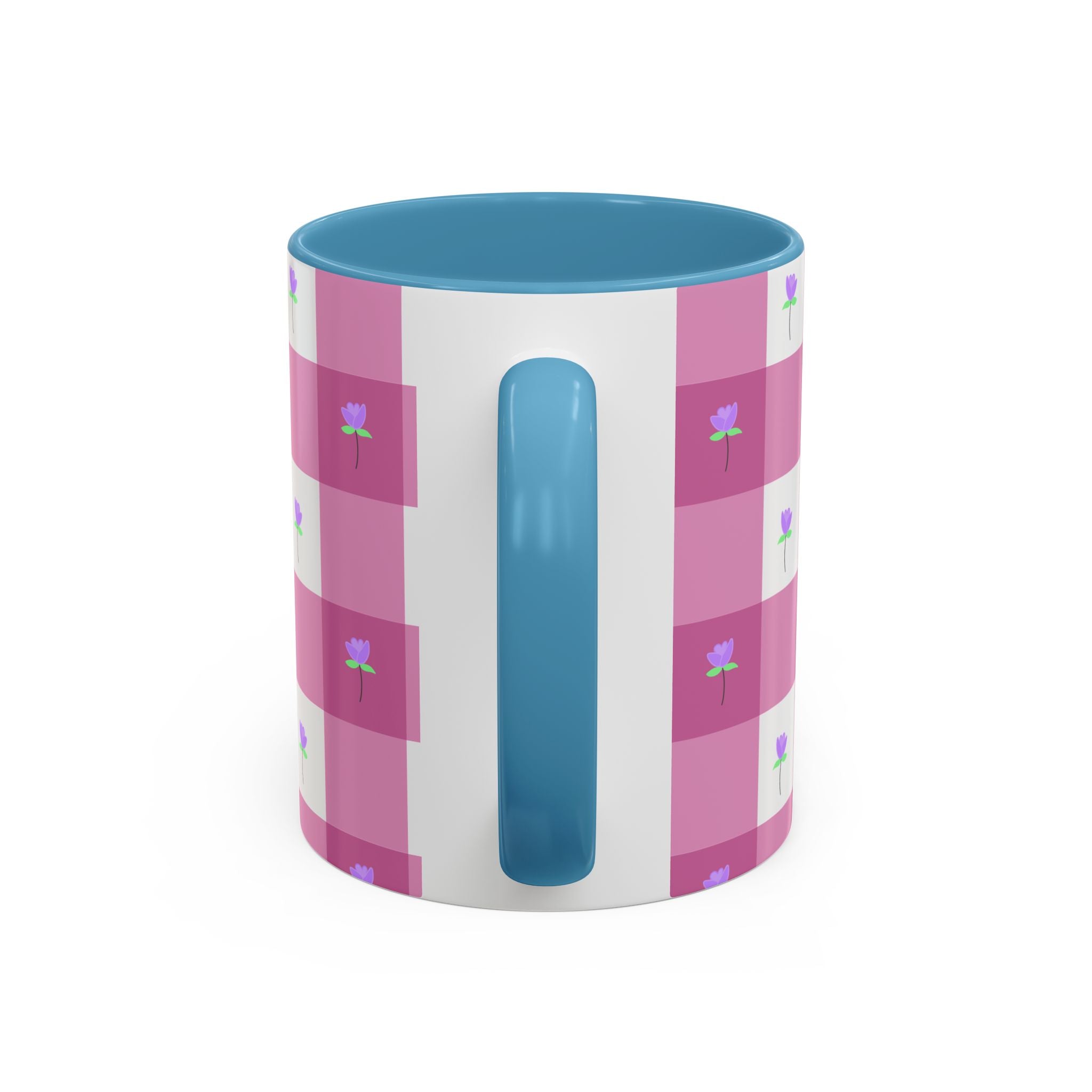 Pink Gingham Tulip Heart Floral Accent Coffee Mug – Cute Purple Rose Pattern (11/15 oz)