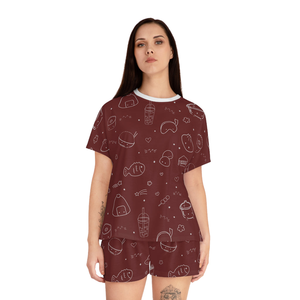 Maroon Kawaii Asian Snacks Pattern Women's Short Pajama Set