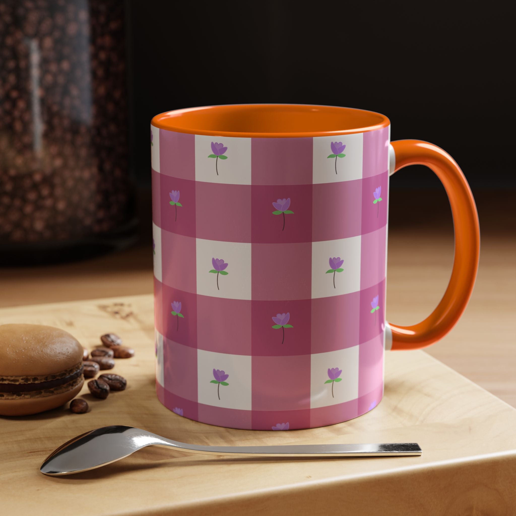 Pink Gingham Tulip Heart Floral Accent Coffee Mug – Cute Purple Rose Pattern (11/15 oz)