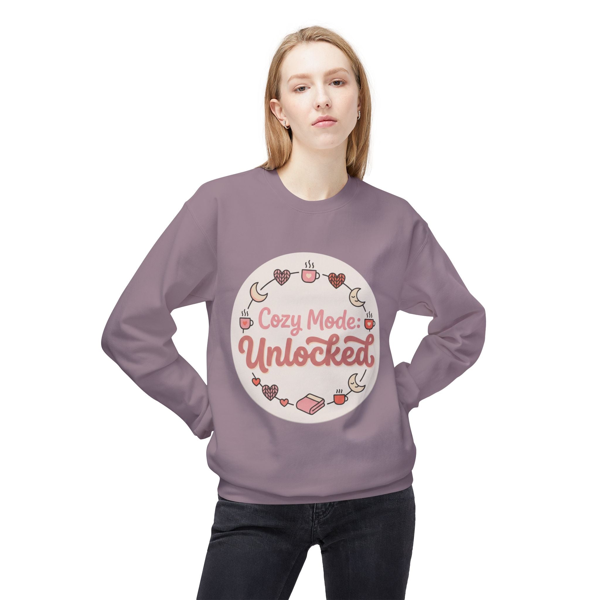Crewneck Sweatshirt — "Cozy Mode: Unlocked" Cute Pastel Lounge Pullover