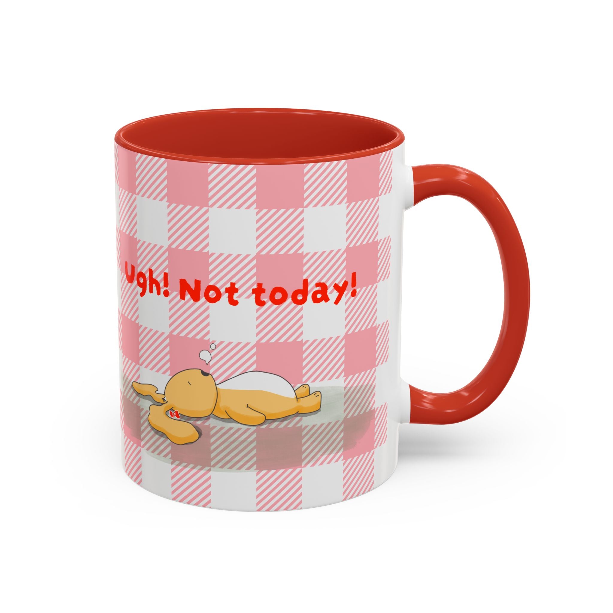 Coffee Mug — "Ugh! Not Today" Cute Lazy Bonnie Pink Check Plaid Accent Mug (11/15oz)