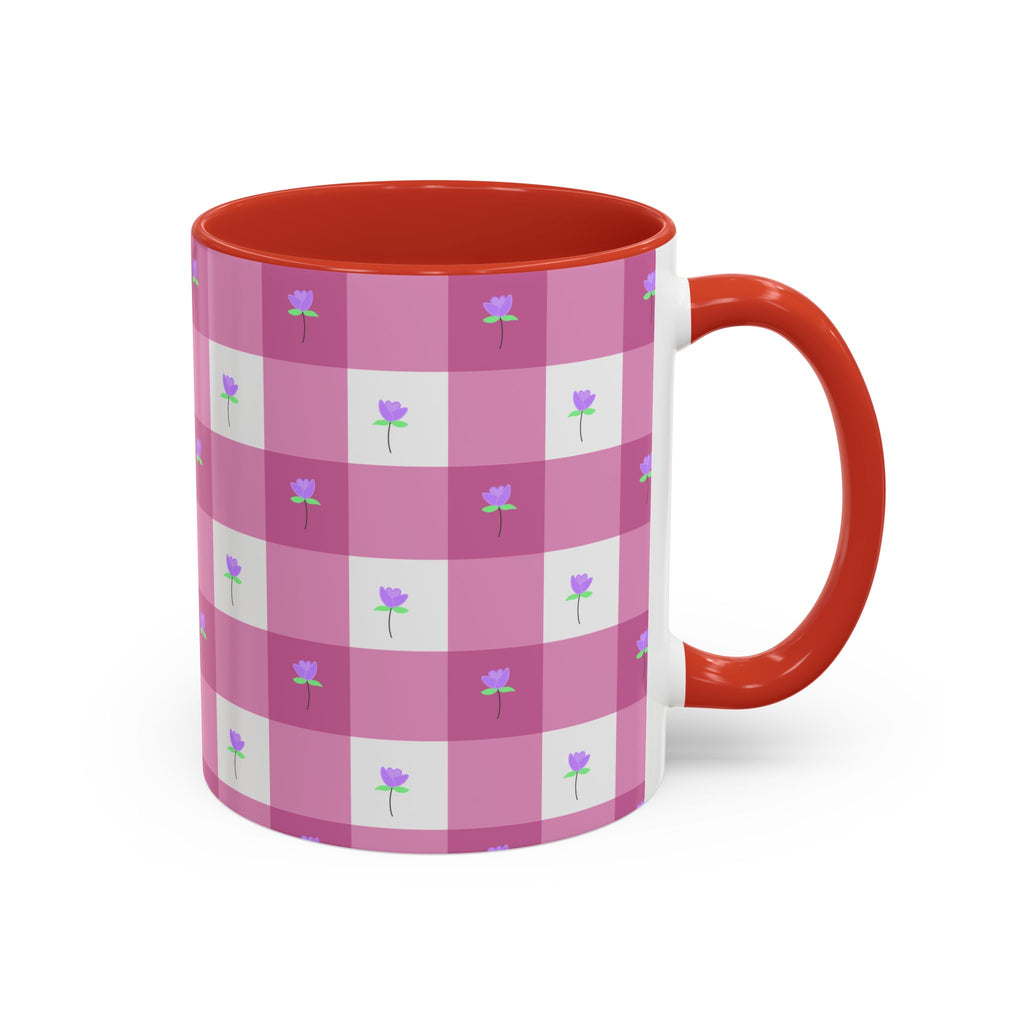 Pink Gingham Floral Tulip Accent Coffee Mug — Cute Purple Rose Pattern (11/15oz)