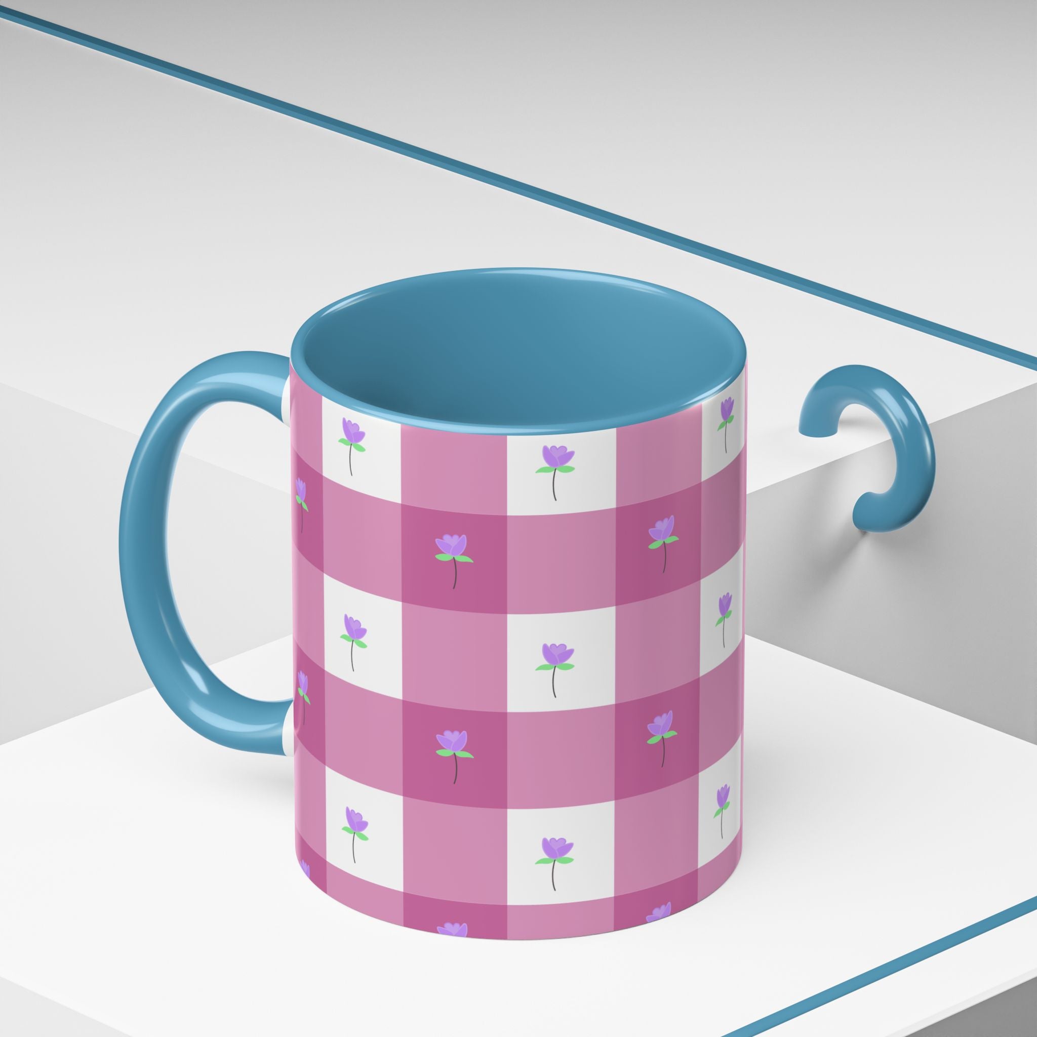 Pink Gingham Tulip Heart Floral Accent Coffee Mug – Cute Purple Rose Pattern (11/15 oz)