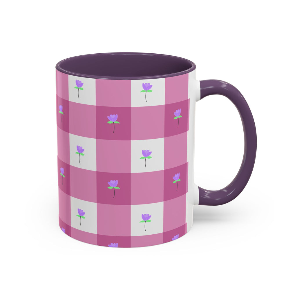 Pink Gingham Tulip Heart Floral Accent Coffee Mug – Cute Purple Rose Pattern (11/15 oz)