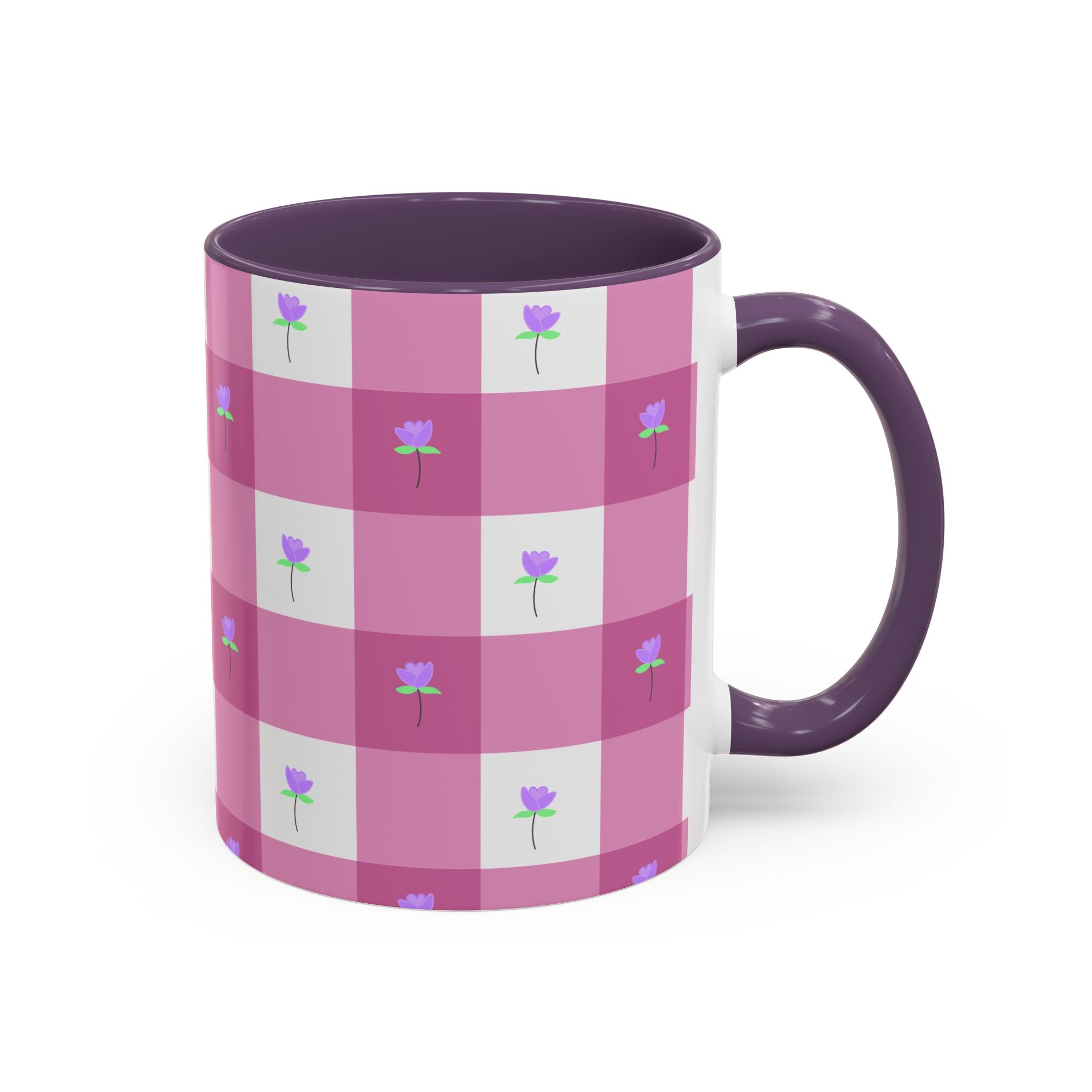 Pink Gingham Tulip Heart Floral Accent Coffee Mug – Cute Purple Rose Pattern (11/15 oz)
