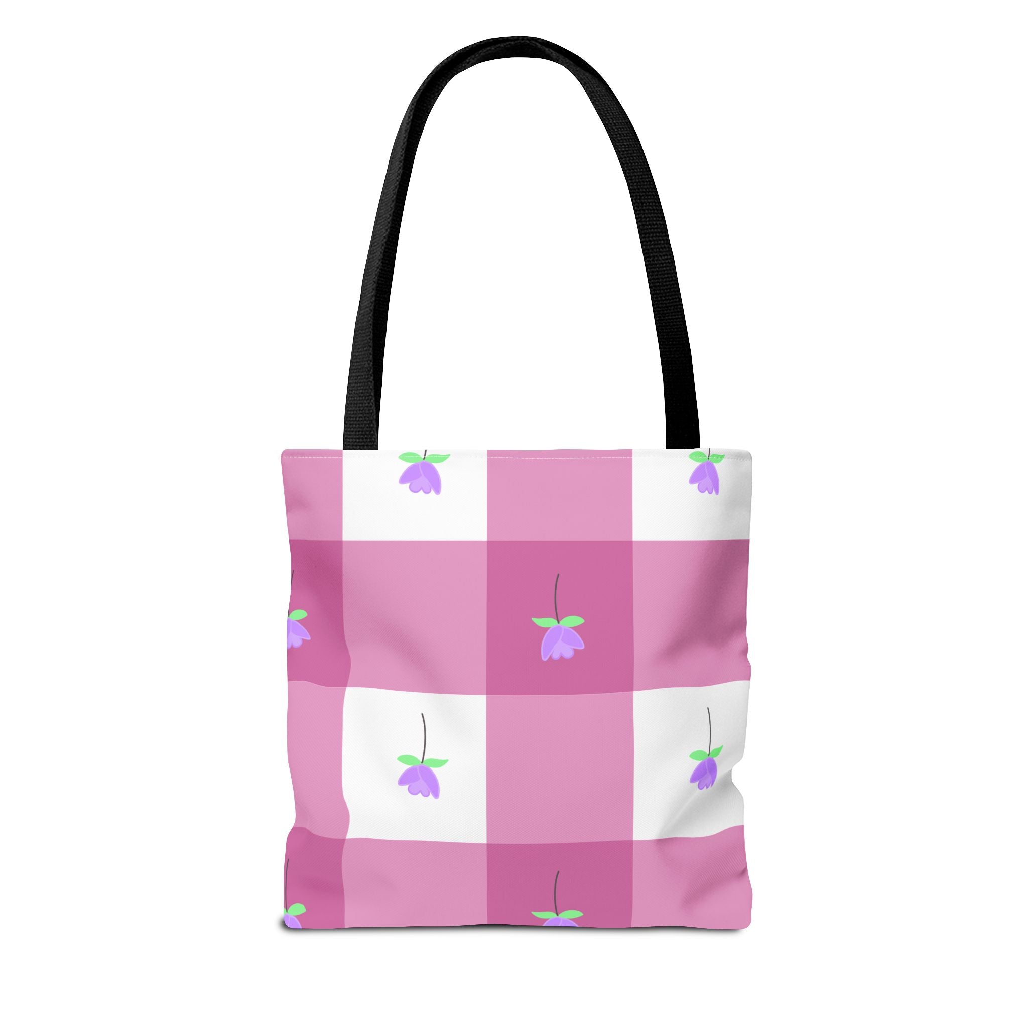 Pink Gingham Tulip Floral Tote Bag — Cute Checkered All-Over Print Tote