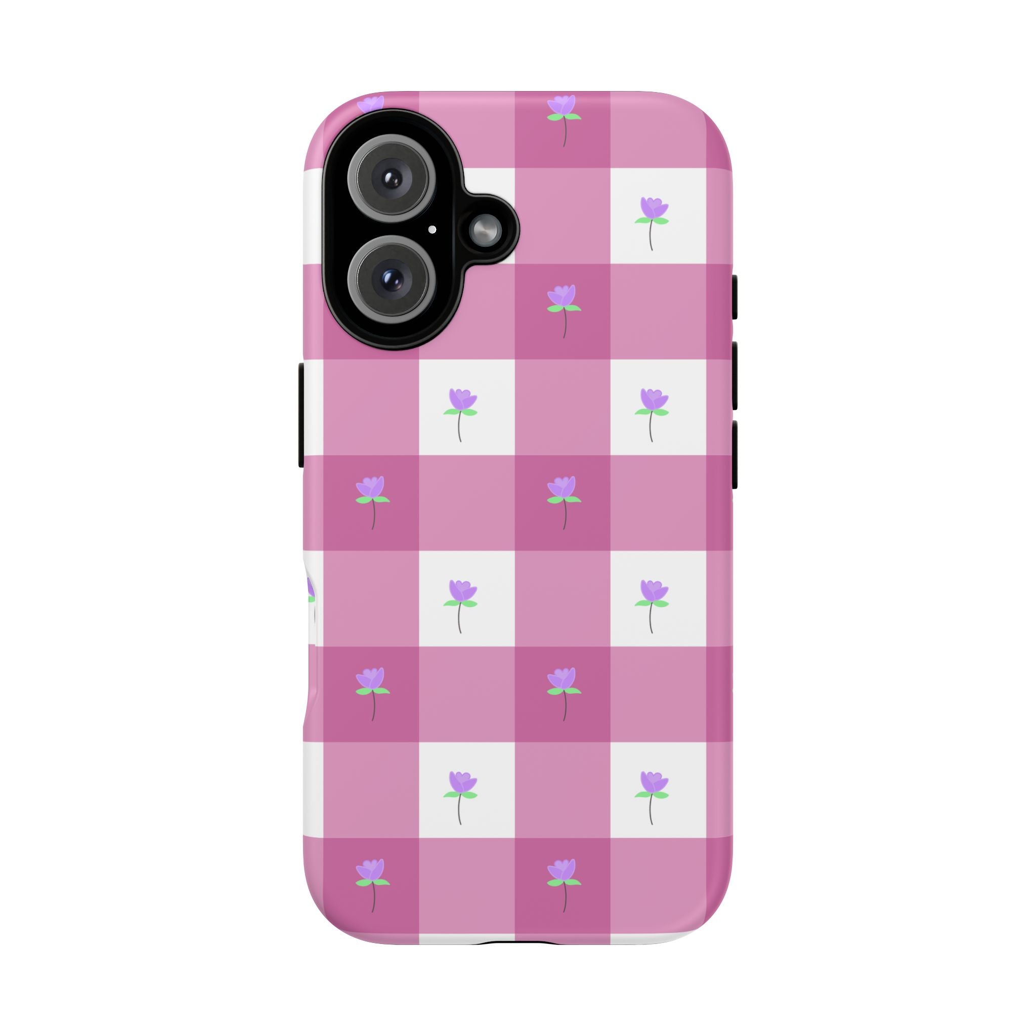 Pink Gingham tulip Tough Phone Case — Cute Tulip Checkered Protective Cover