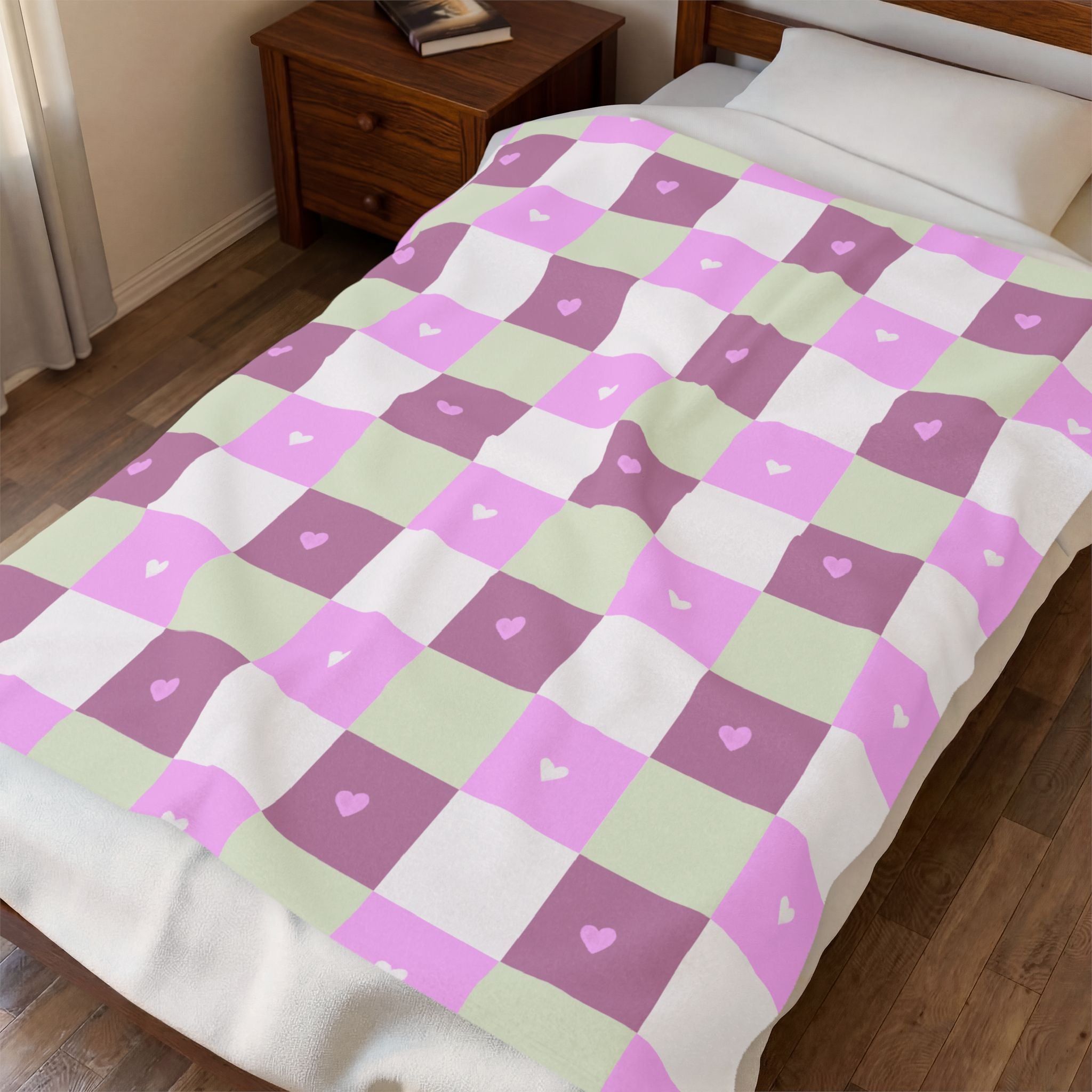 Checker Heart Velveteen Plush Blanket — Pink & Pastel Cozy Throw