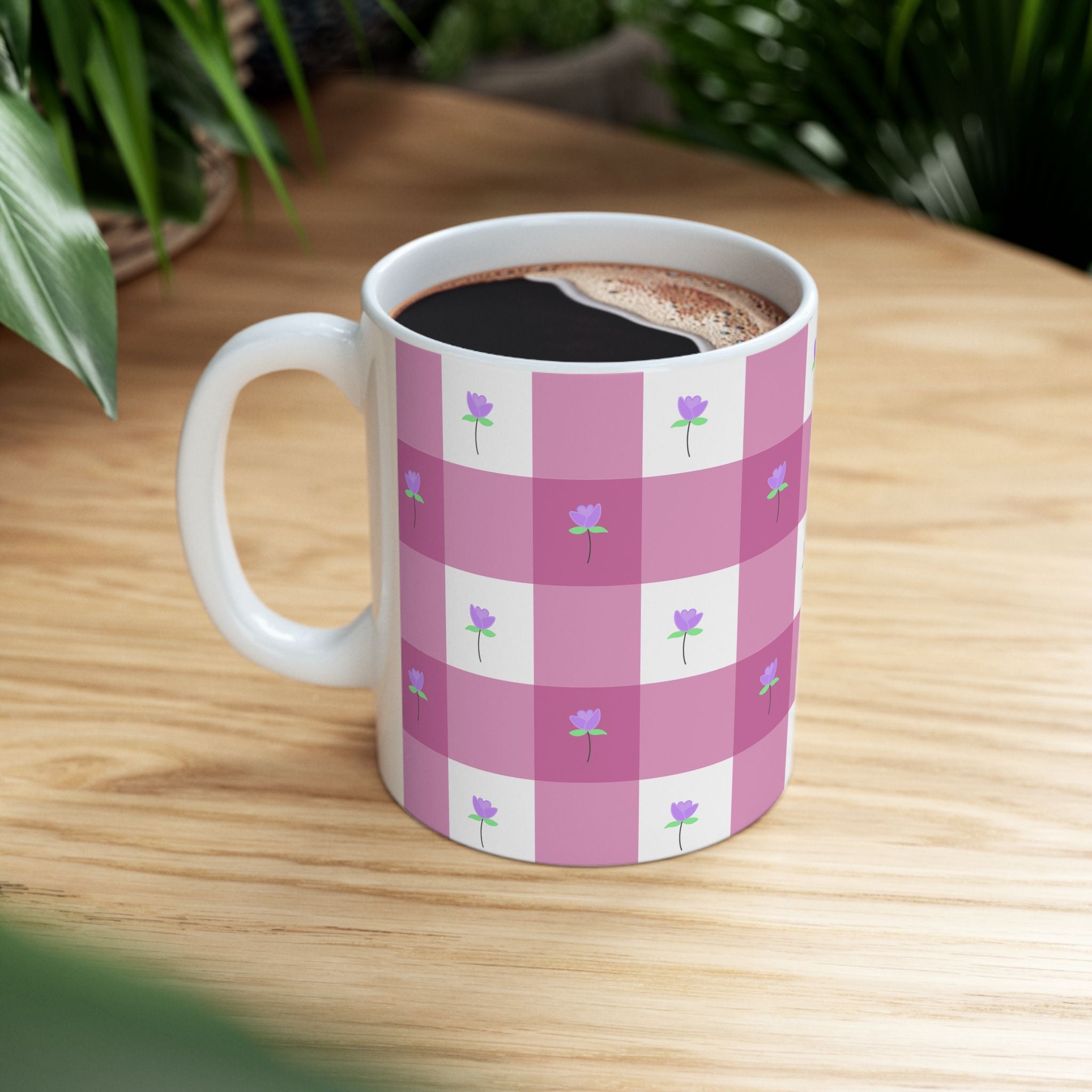 Pink Gingham FloralTulip Ceramic Mug (11oz & 15oz) - Cute Tulip Pattern