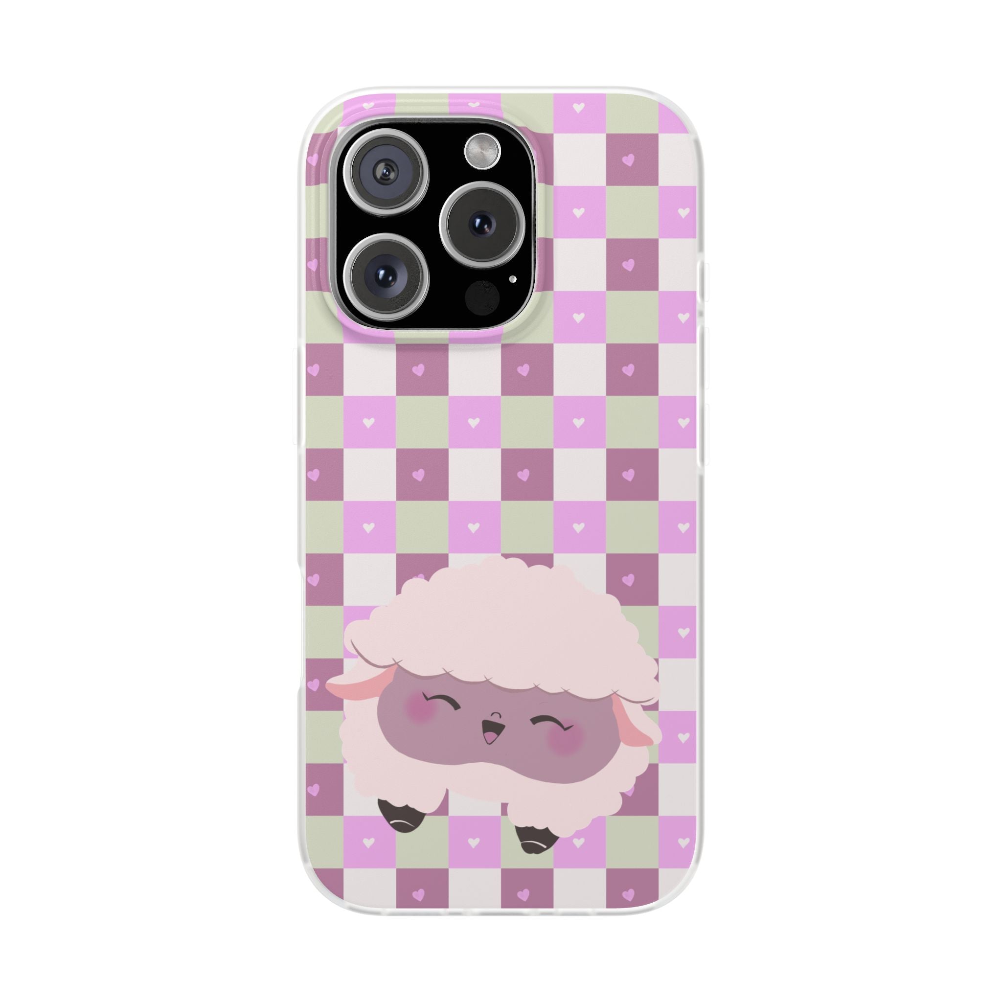 Cute Pastel Sammy the Sheep Phone Case – Pink Checkered Flexi Case