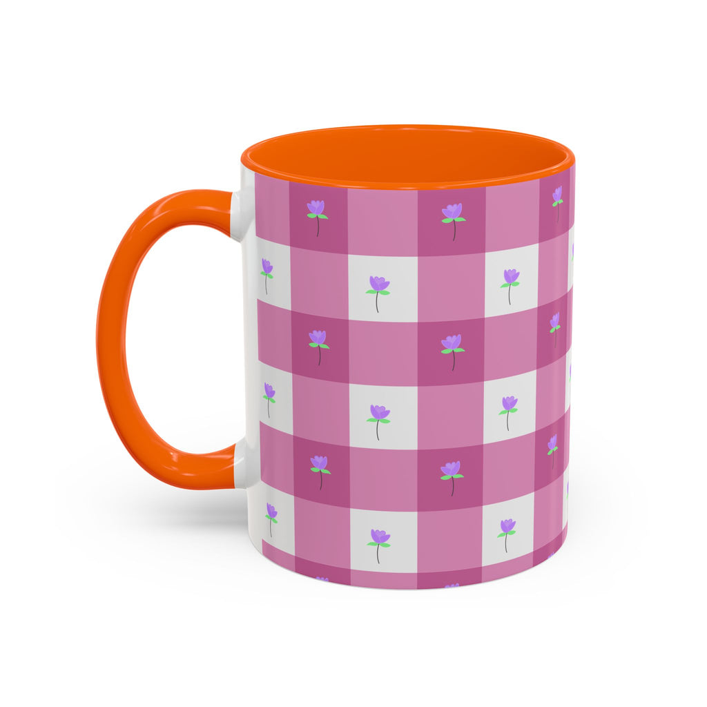 Pink Gingham Floral Tulip Accent Coffee Mug — Cute Purple Rose Pattern (11/15oz)