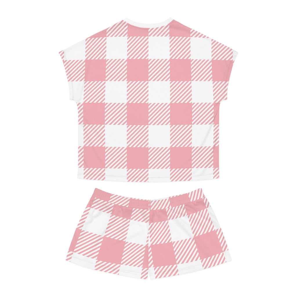 Pink Gingham Plaid Women's Pajama Set – Cute Floral Patch Short Sleep Set