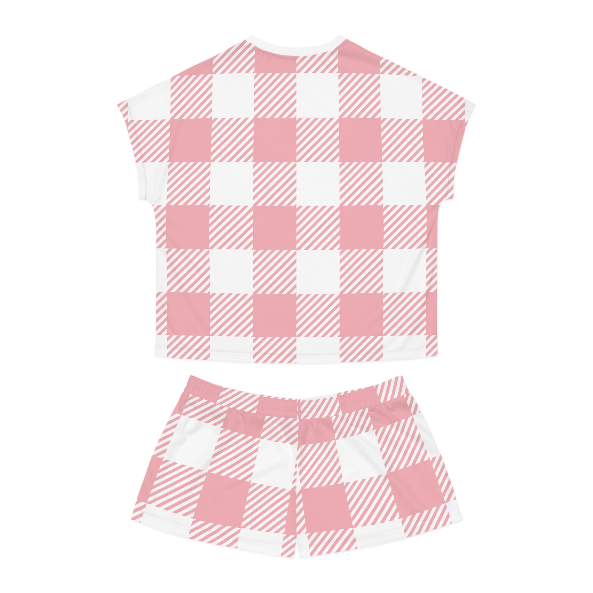 Pink Gingham Plaid Women's Pajama Set – Cute Floral Patch Short Sleep Set