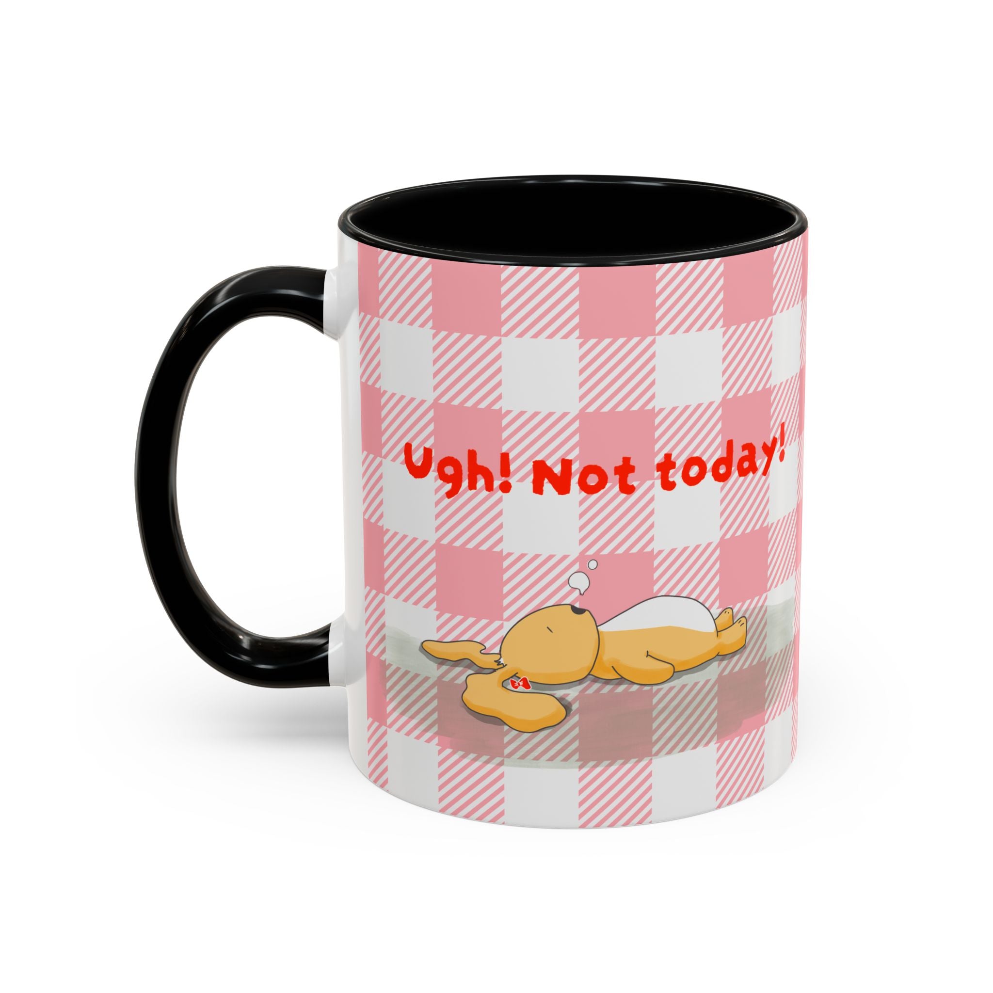Coffee Mug — "Ugh! Not Today" Cute Lazy Bonnie Pink Check Plaid Accent Mug (11/15oz)