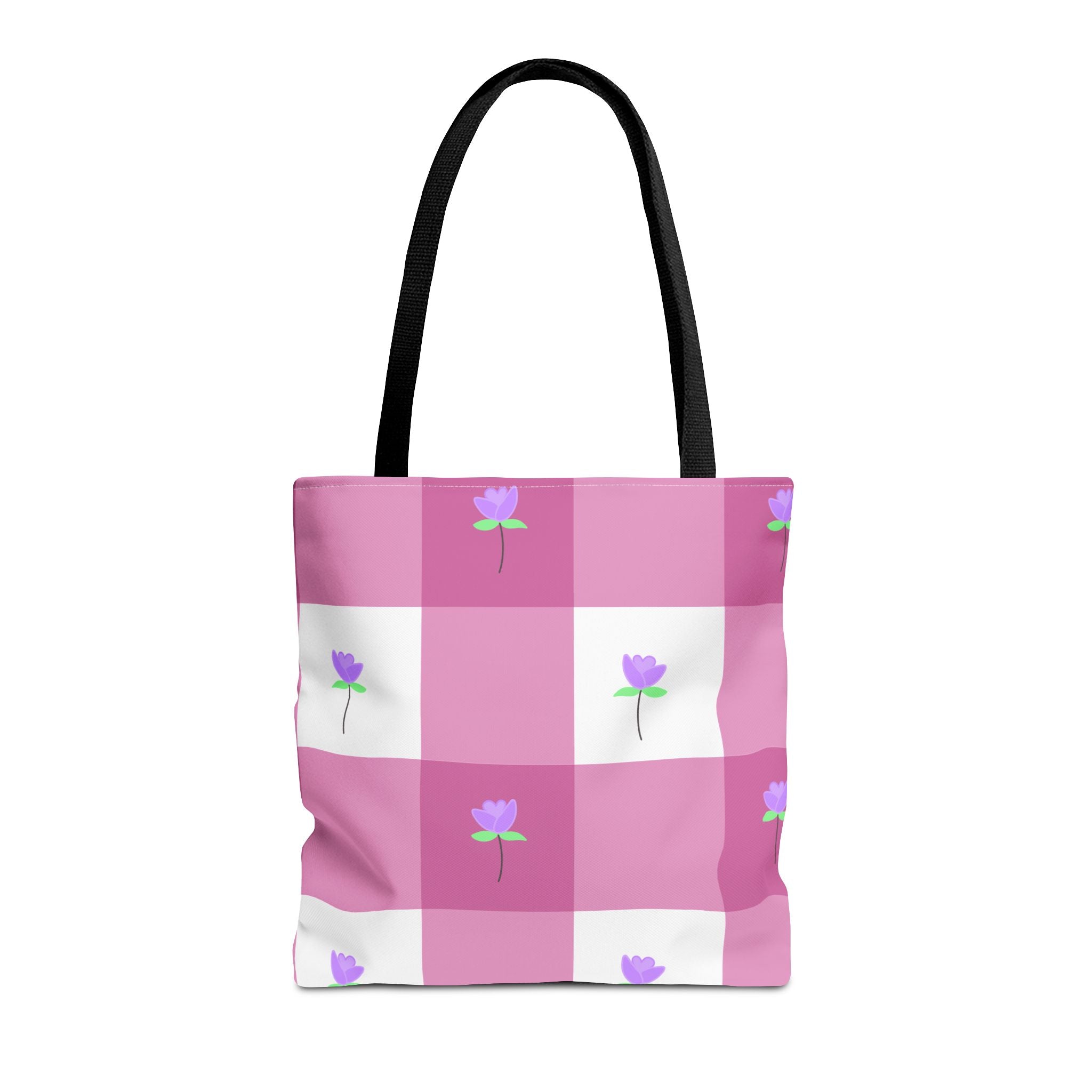 Pink Gingham Tulip Floral Tote Bag — Cute Checkered All-Over Print Tote