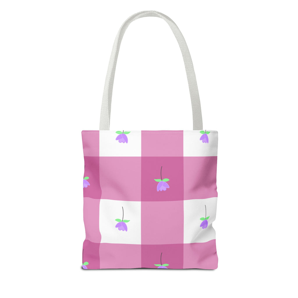 Pink Gingham Tulip Floral Tote Bag — Cute Checkered All-Over Print Tote
