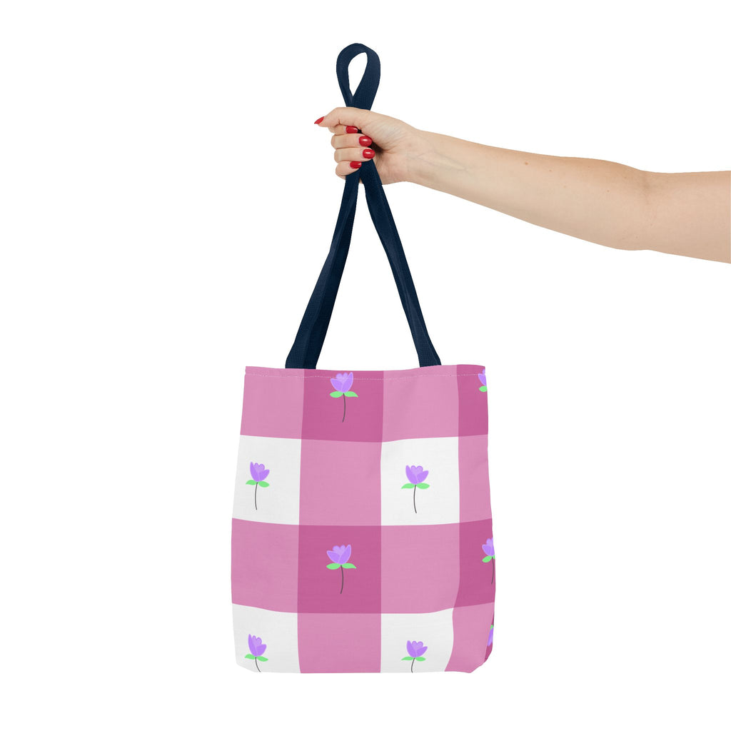 Pink Gingham Tulip Floral Tote Bag — Cute Checkered All-Over Print Tote