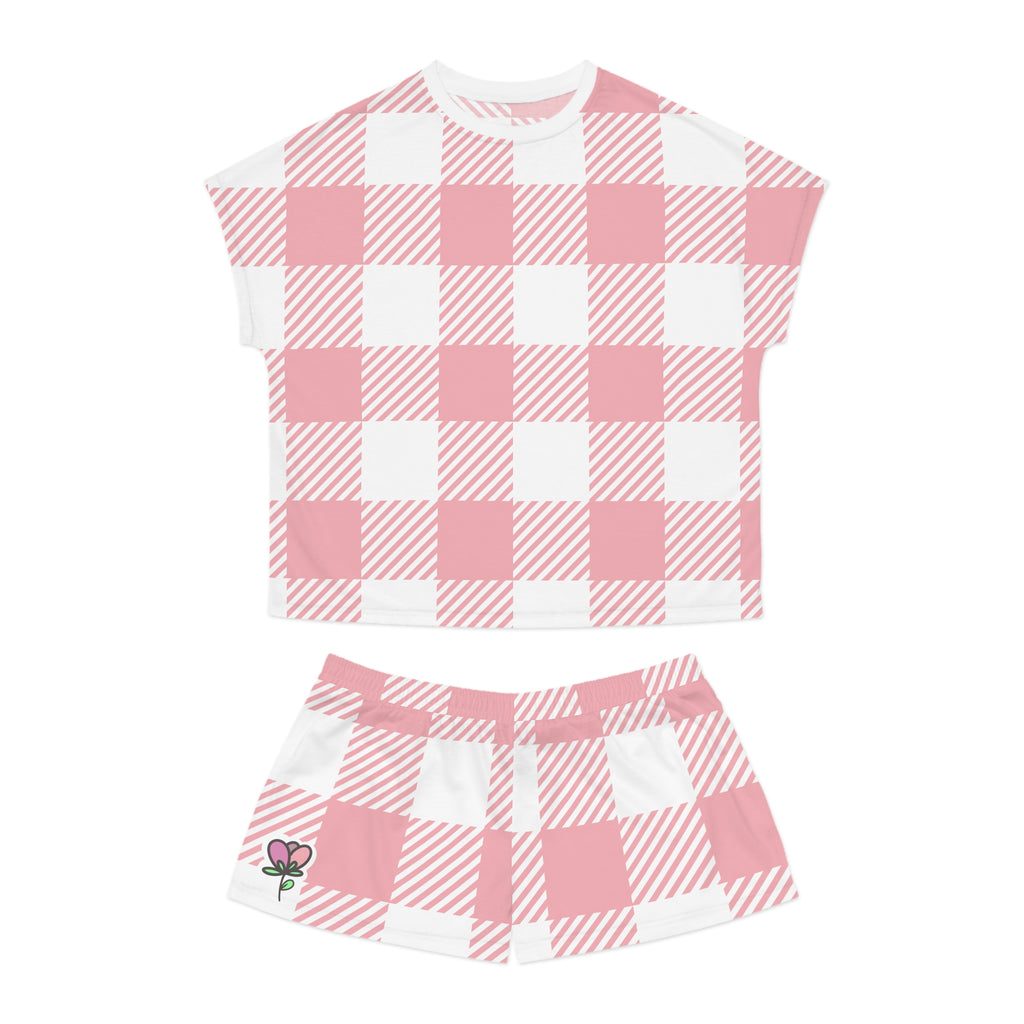 Pink Gingham Plaid Women's Pajama Set – Cute Floral Patch Short Sleep Set