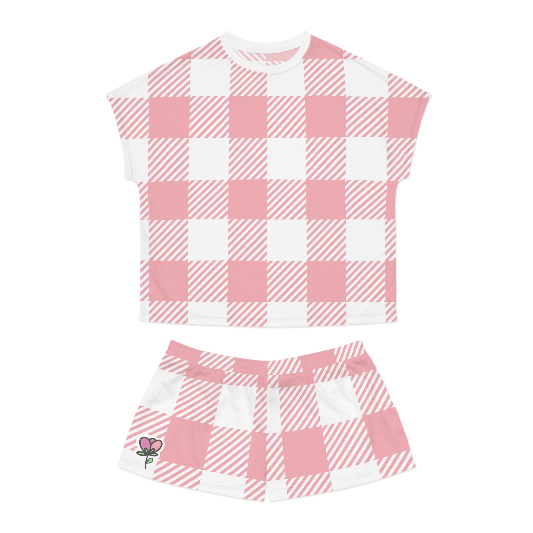 Pink Gingham Plaid Women's Pajama Set – Cute Floral Patch Short Sleep Set