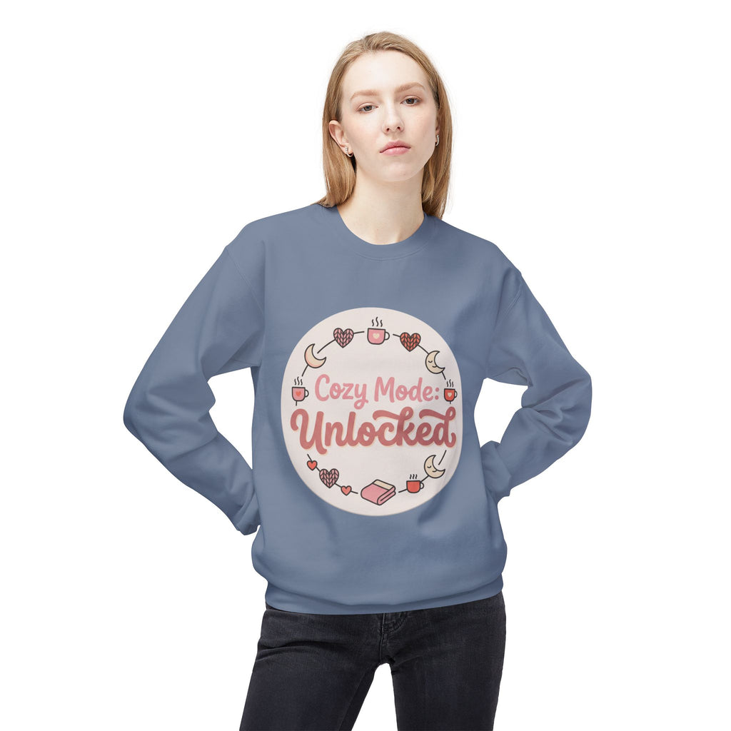 Crewneck Sweatshirt — "Cozy Mode: Unlocked" Cute Pastel Lounge Pullover