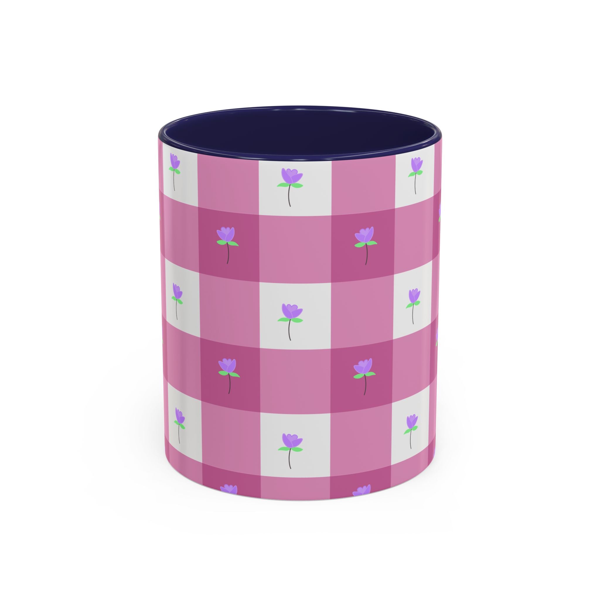 Pink Gingham Tulip Heart Floral Accent Coffee Mug – Cute Purple Rose Pattern (11/15 oz)
