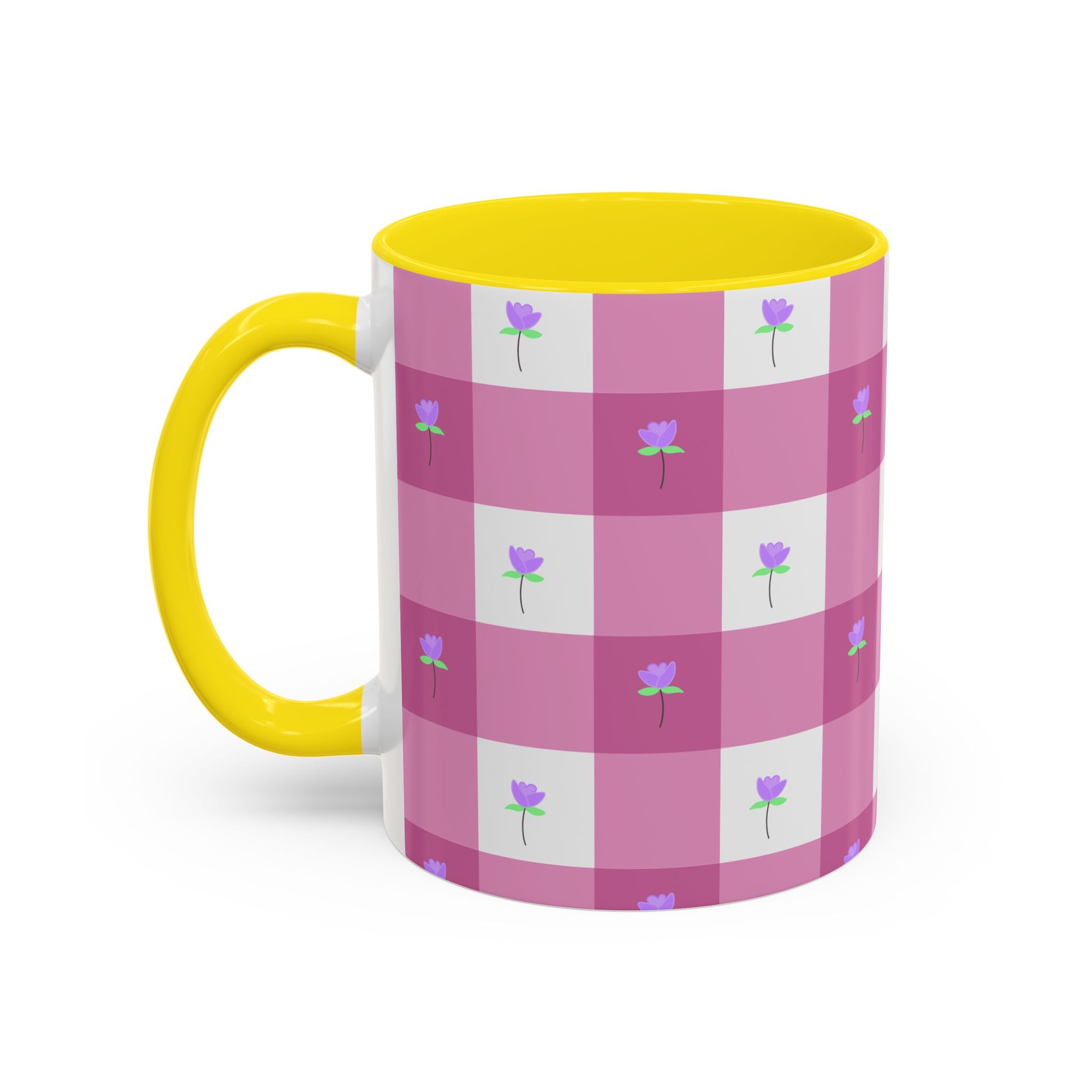 Pink Gingham Tulip Heart Floral Accent Coffee Mug – Cute Purple Rose Pattern (11/15 oz)