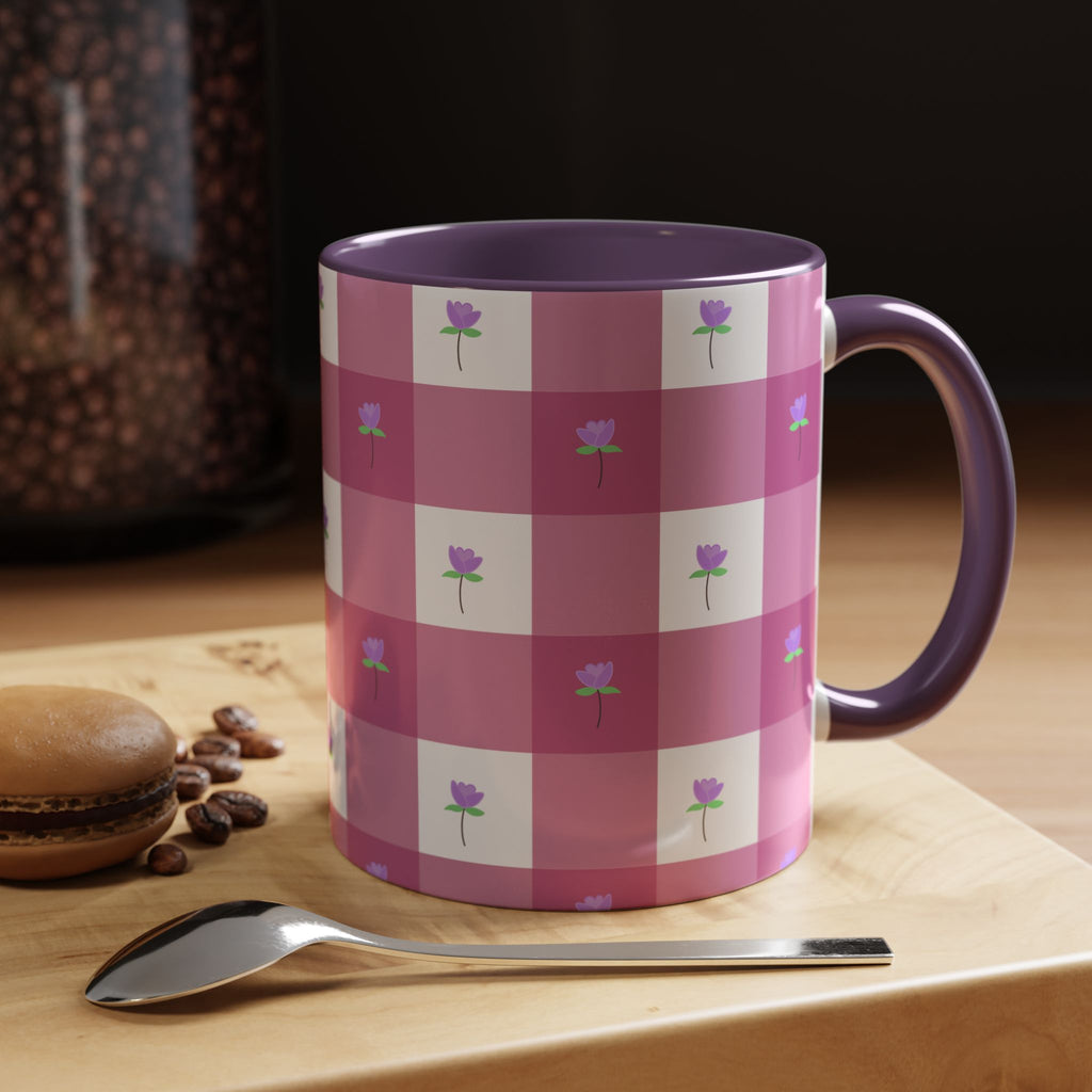 Pink Gingham Tulip Heart Floral Accent Coffee Mug – Cute Purple Rose Pattern (11/15 oz)