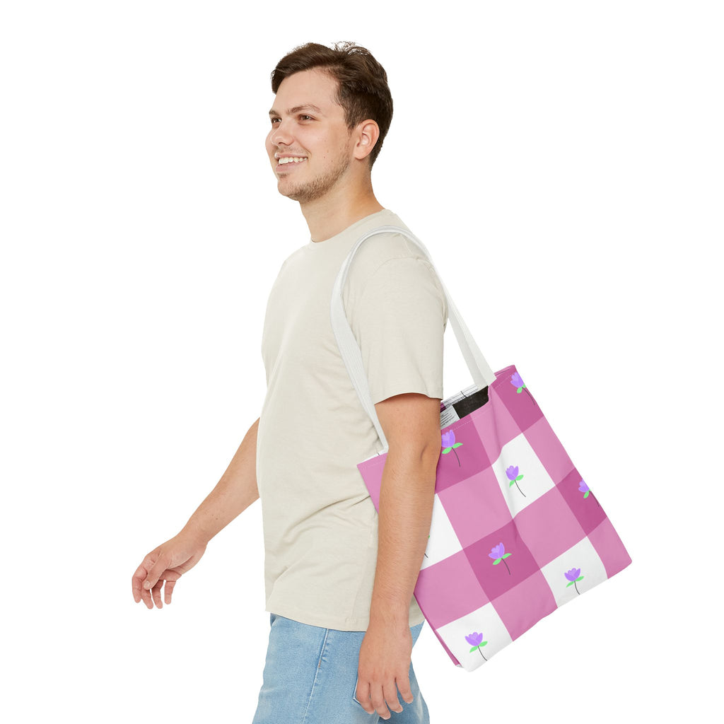Pink Gingham Tulip Floral Tote Bag — Cute Checkered All-Over Print Tote