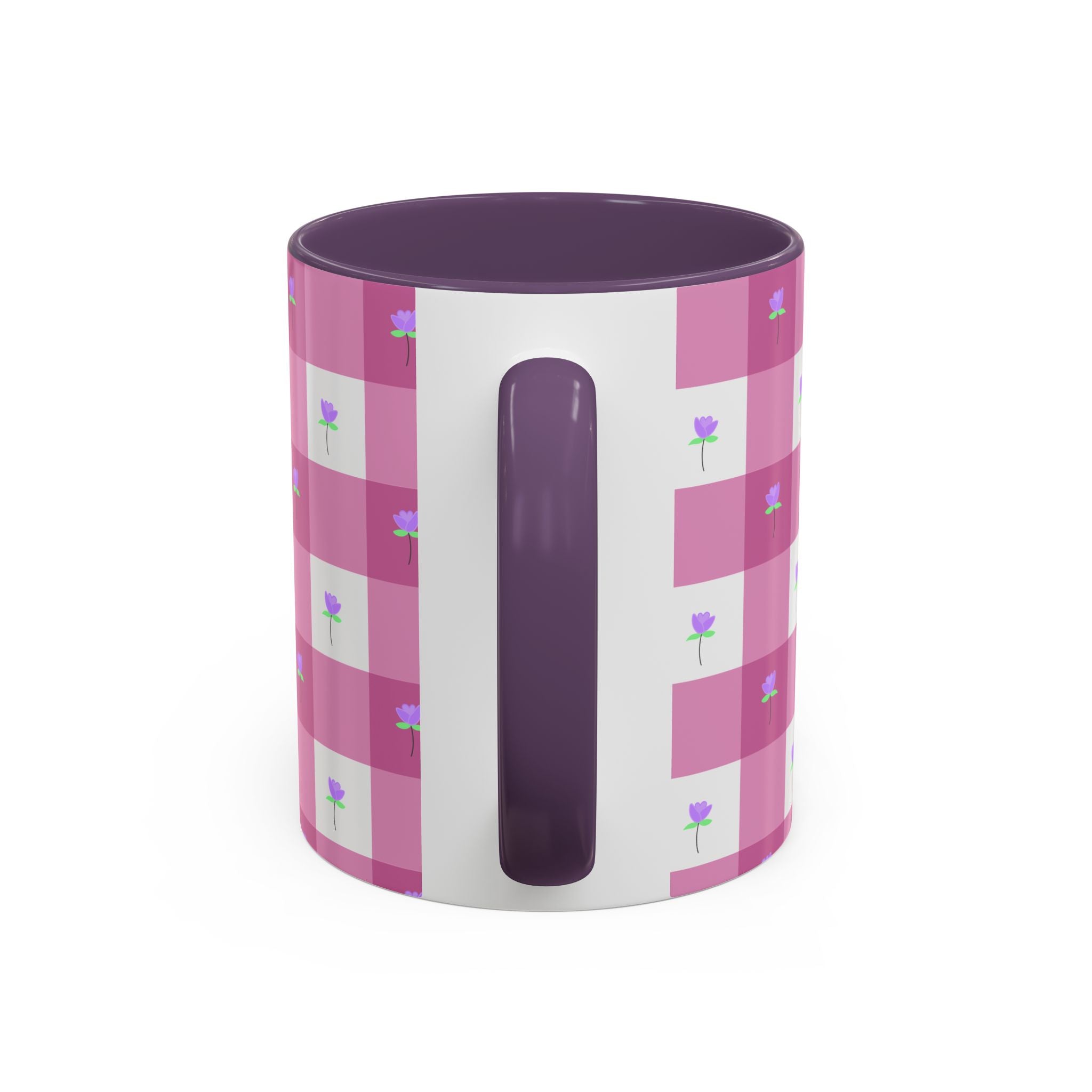 Pink Gingham Floral Tulip Accent Coffee Mug — Cute Purple Rose Pattern (11/15oz)
