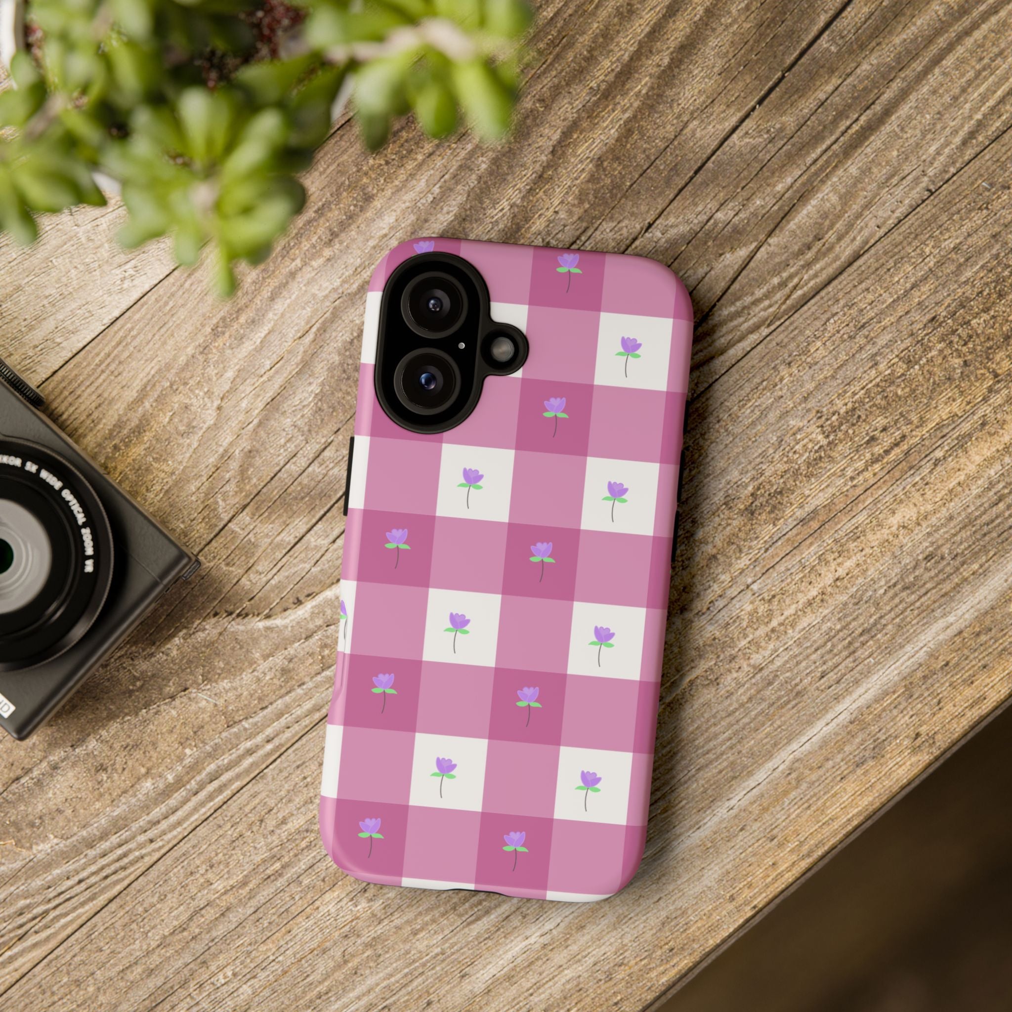 Pink Gingham tulip Tough Phone Case — Cute Tulip Checkered Protective Cover
