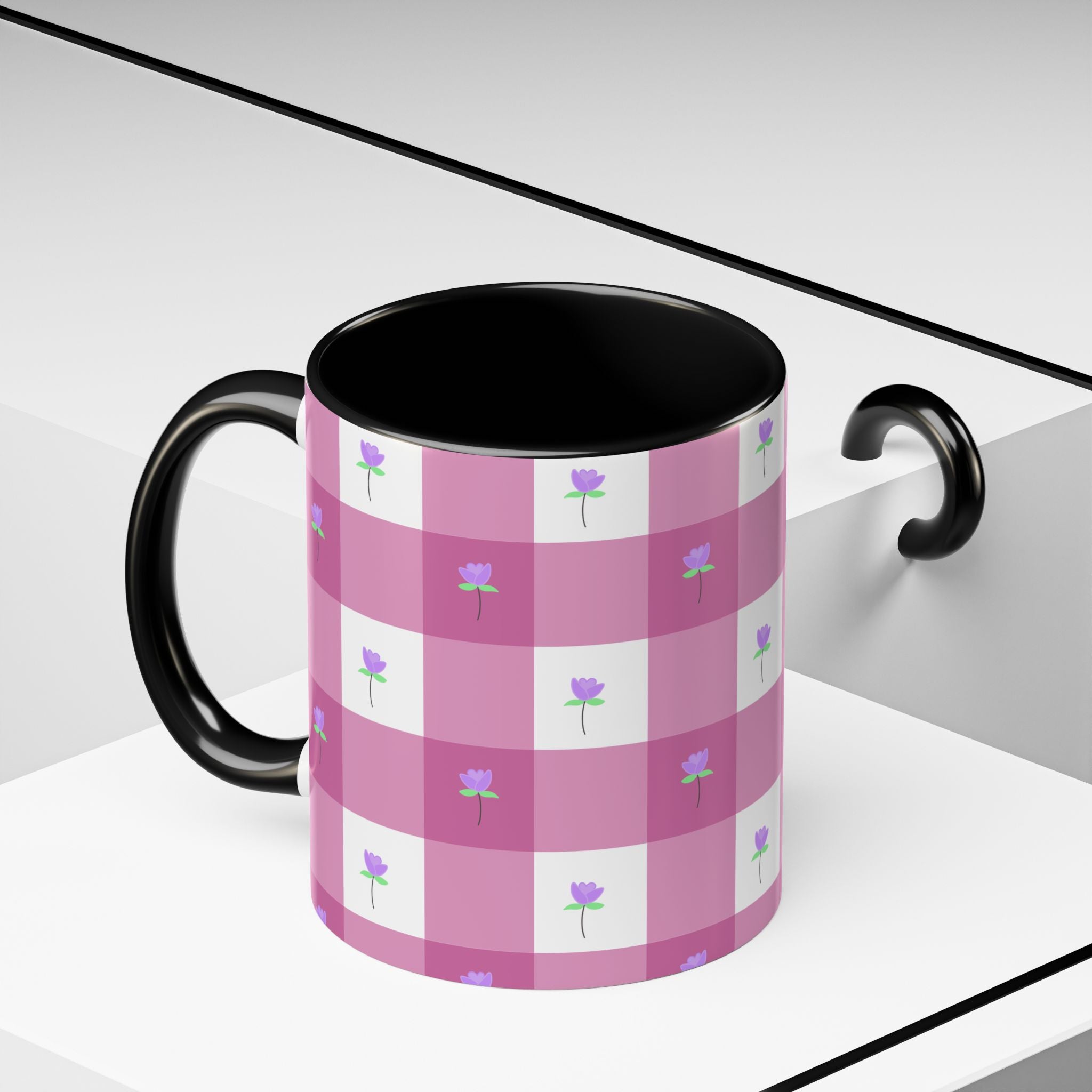 Pink Gingham Tulip Heart Floral Accent Coffee Mug – Cute Purple Rose Pattern (11/15 oz)