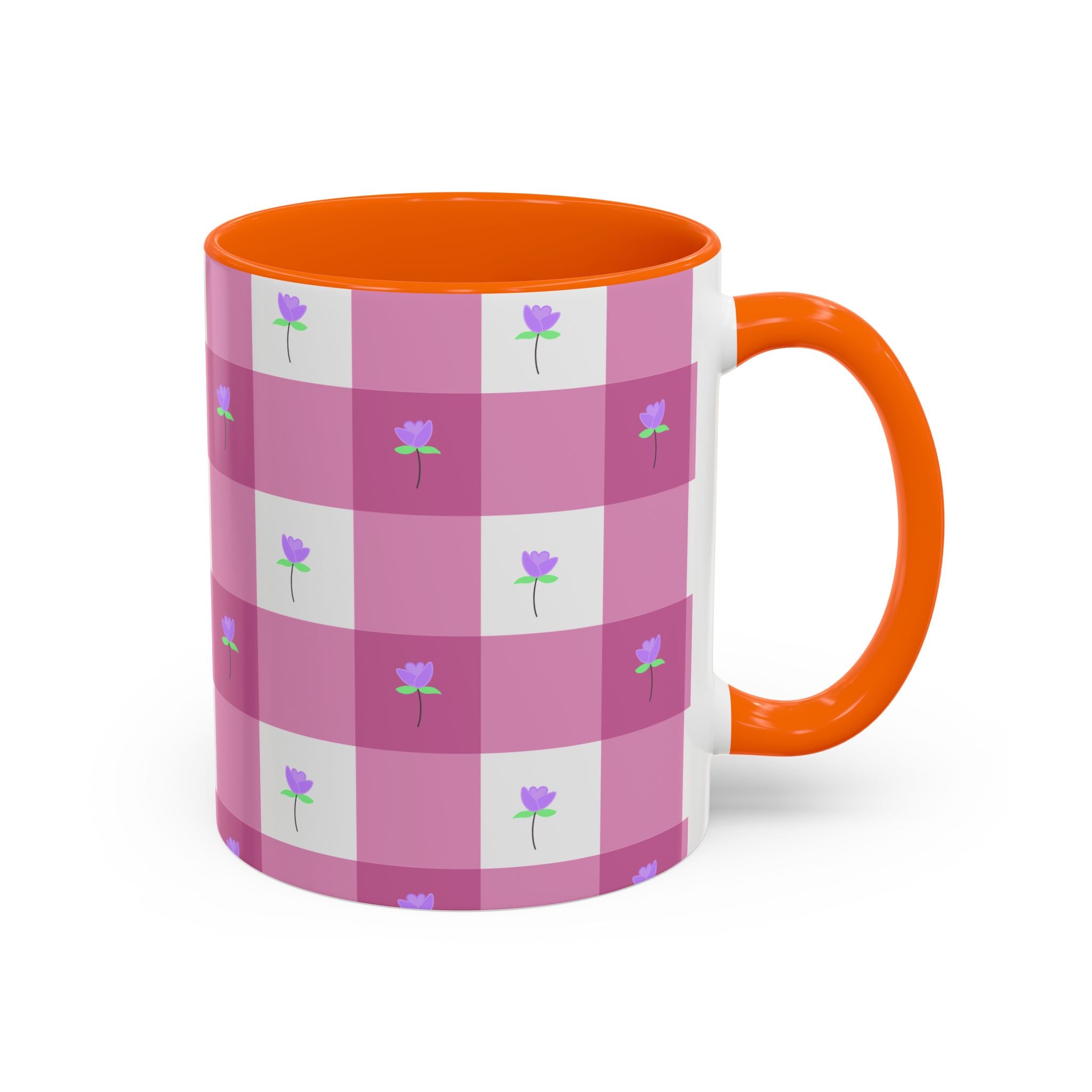 Pink Gingham Tulip Heart Floral Accent Coffee Mug – Cute Purple Rose Pattern (11/15 oz)