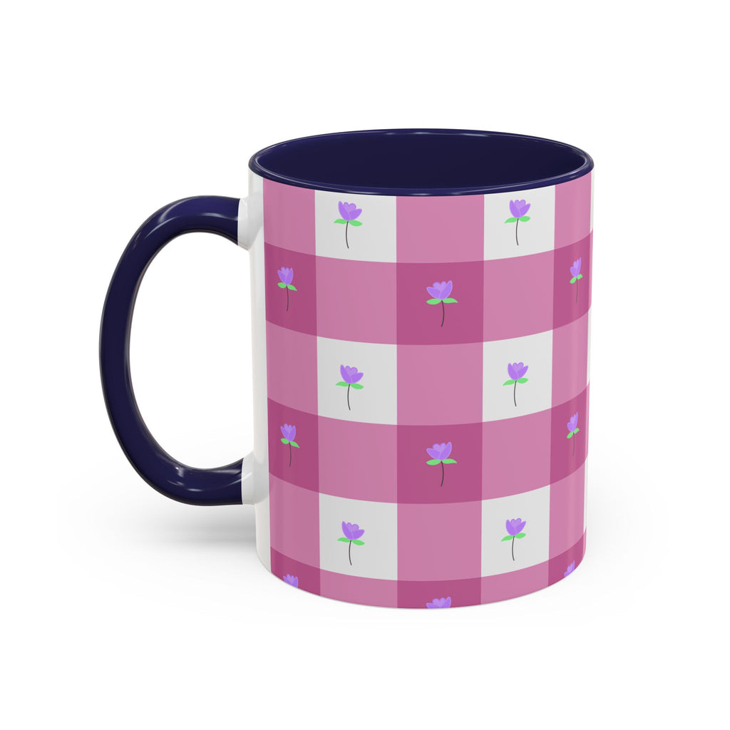 Pink Gingham Tulip Heart Floral Accent Coffee Mug – Cute Purple Rose Pattern (11/15 oz)