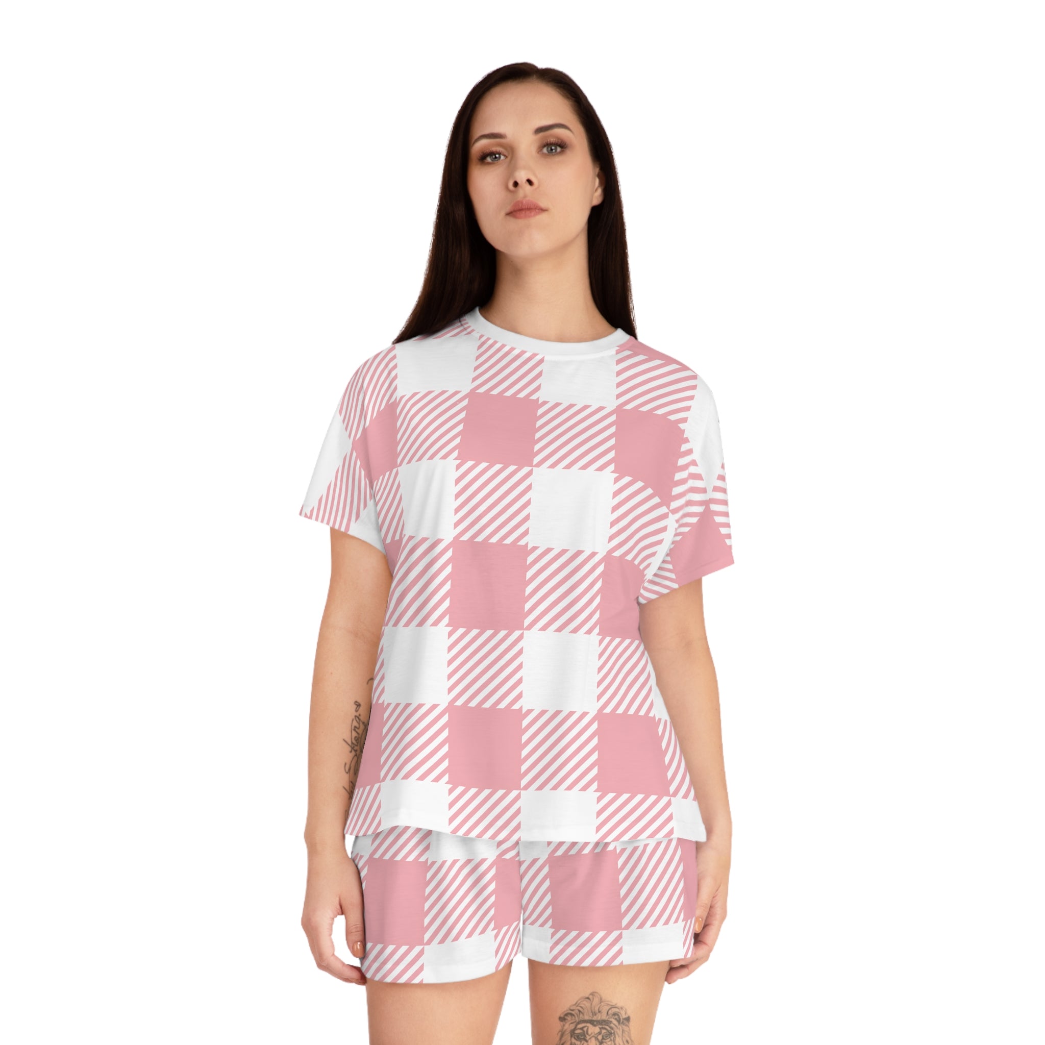 Pink Gingham Plaid Women's Pajama Set – Cute Floral Patch Short Sleep Set
