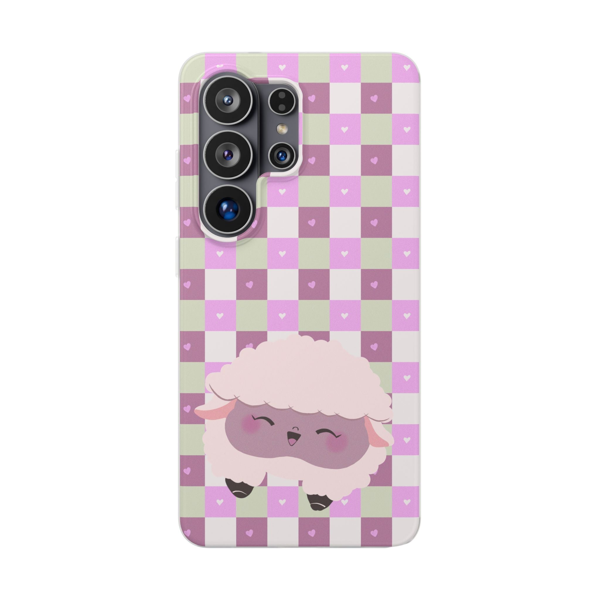 Cute Pastel Sammy the Sheep Phone Case – Pink Checkered Flexi Case